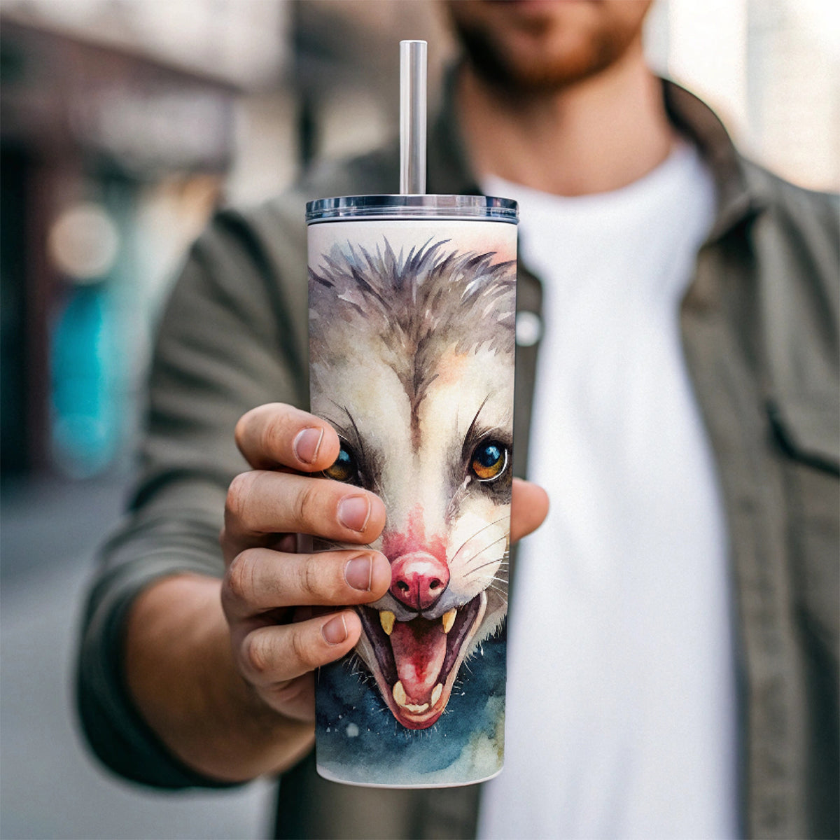 Angry Mad Opossum Watercolor Skinny Tumbler 20oz with Straw Insulated Water Bottle Gift