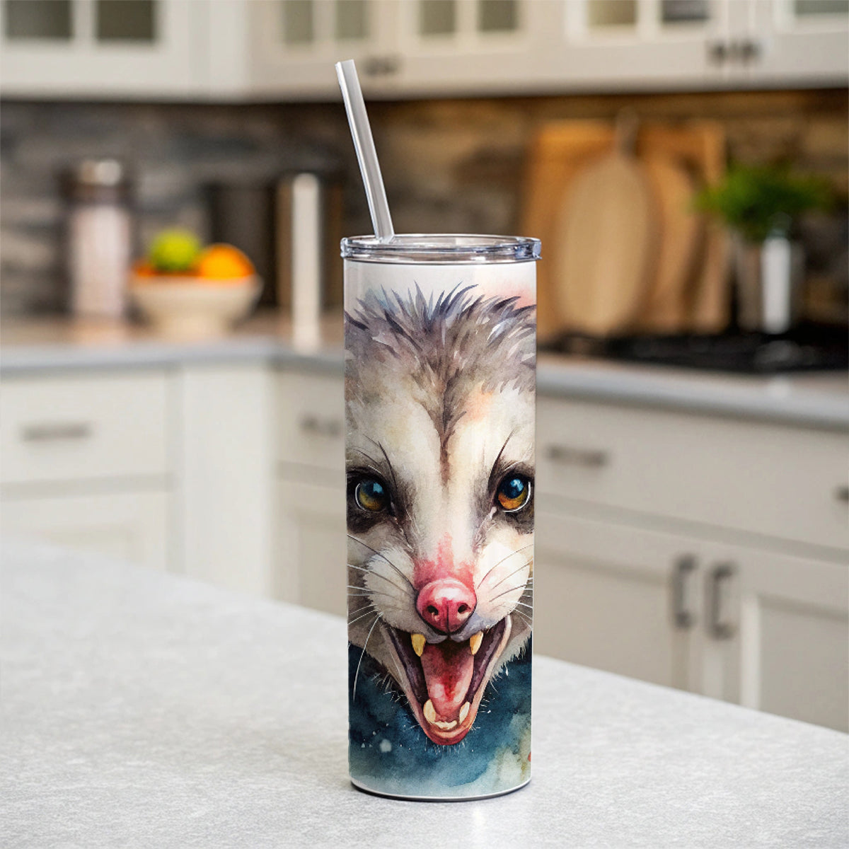 Angry Mad Opossum Watercolor Skinny Tumbler 20oz with Straw Insulated Water Bottle Gift
