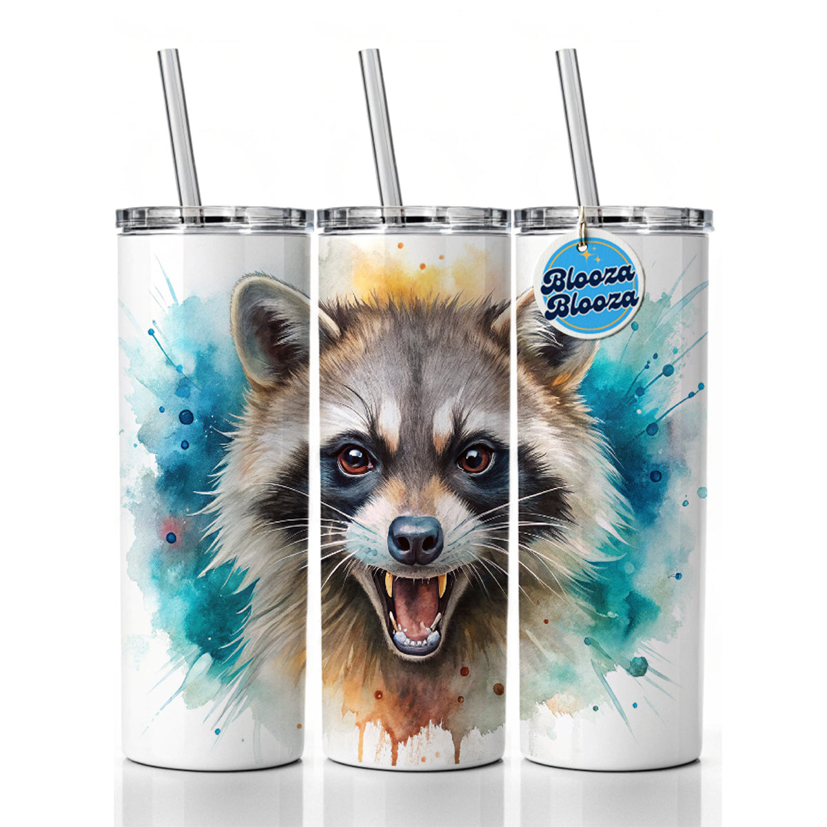 Angry Mad Raccoon Watercolor Skinny Tumbler 20oz with Straw Insulated Water Bottle Gift