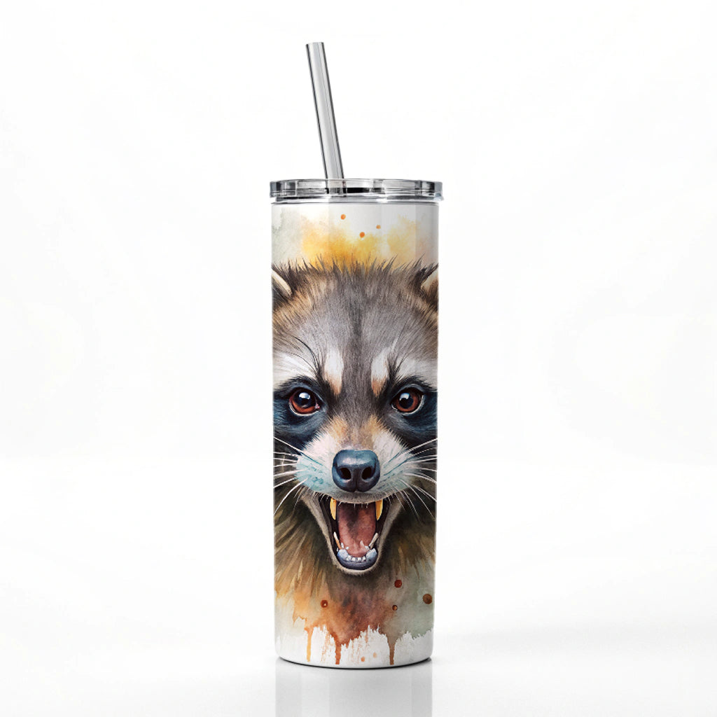 Angry Mad Raccoon Watercolor Skinny Tumbler 20oz with Straw Insulated Water Bottle Gift