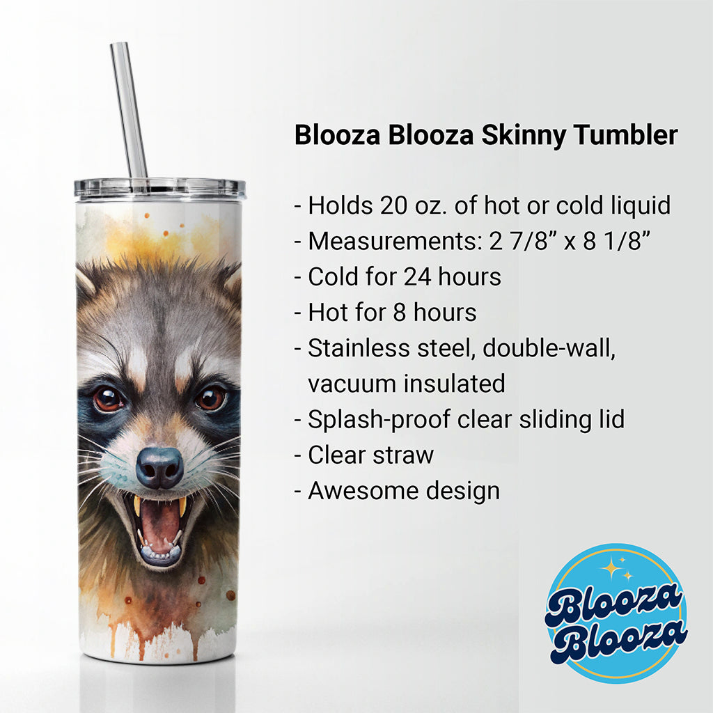 Angry Mad Raccoon Watercolor Skinny Tumbler 20oz with Straw Insulated Water Bottle Gift