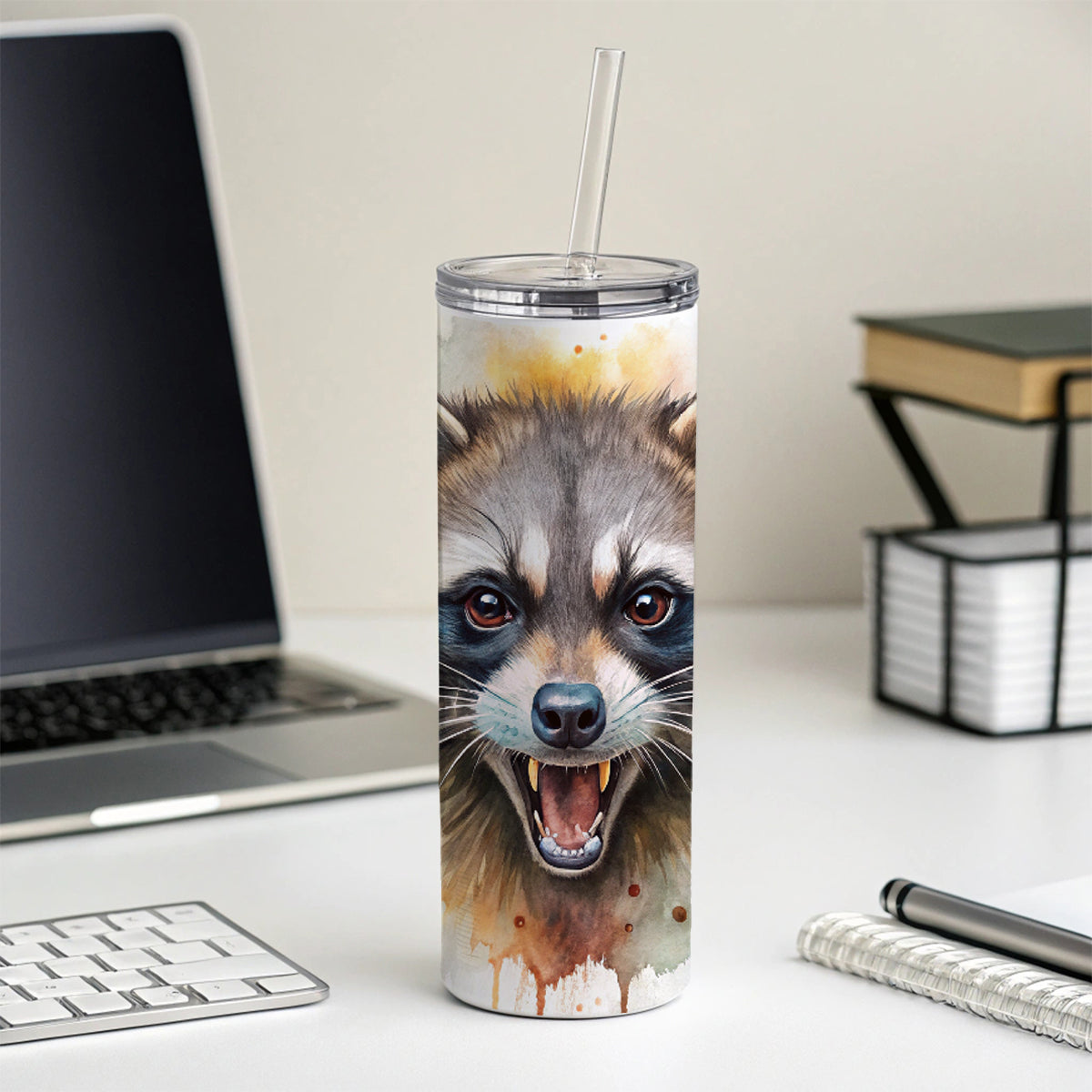 Angry Mad Raccoon Watercolor Skinny Tumbler 20oz with Straw Insulated Water Bottle Gift