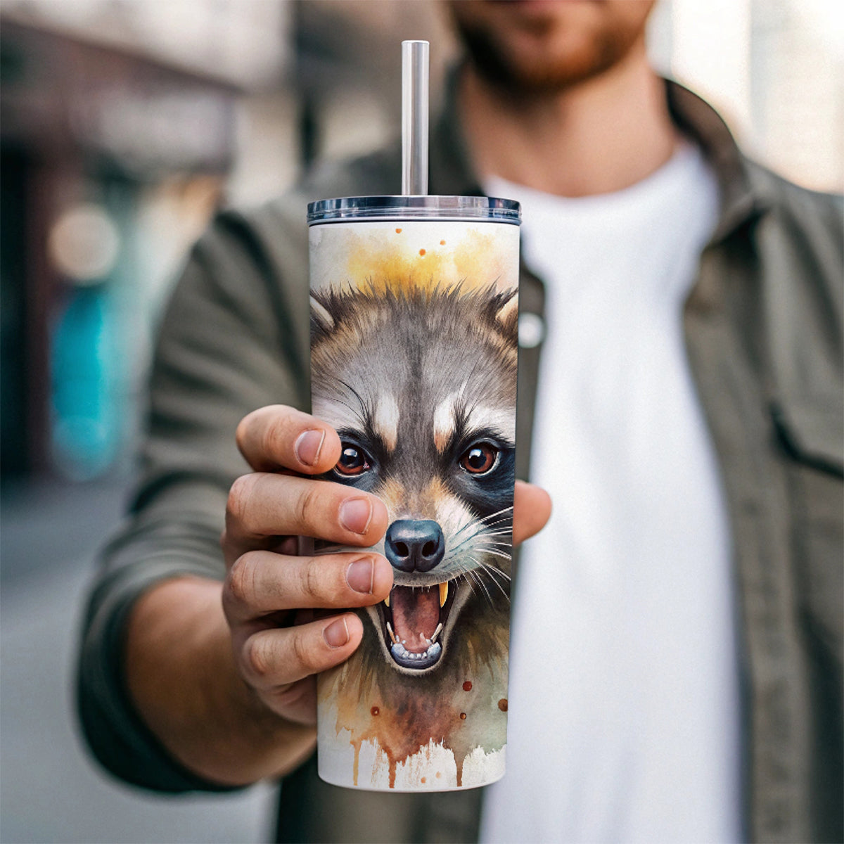 Angry Mad Raccoon Watercolor Skinny Tumbler 20oz with Straw Insulated Water Bottle Gift