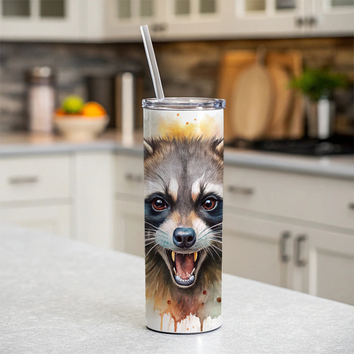 Angry Mad Raccoon Watercolor Skinny Tumbler 20oz with Straw Insulated Water Bottle Gift