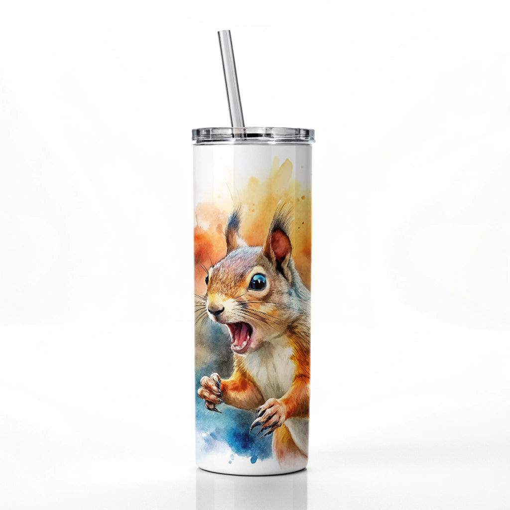 Angry Mad Squirrel Watercolor Skinny Tumbler 20oz with Straw Insulated Water Bottle Gift