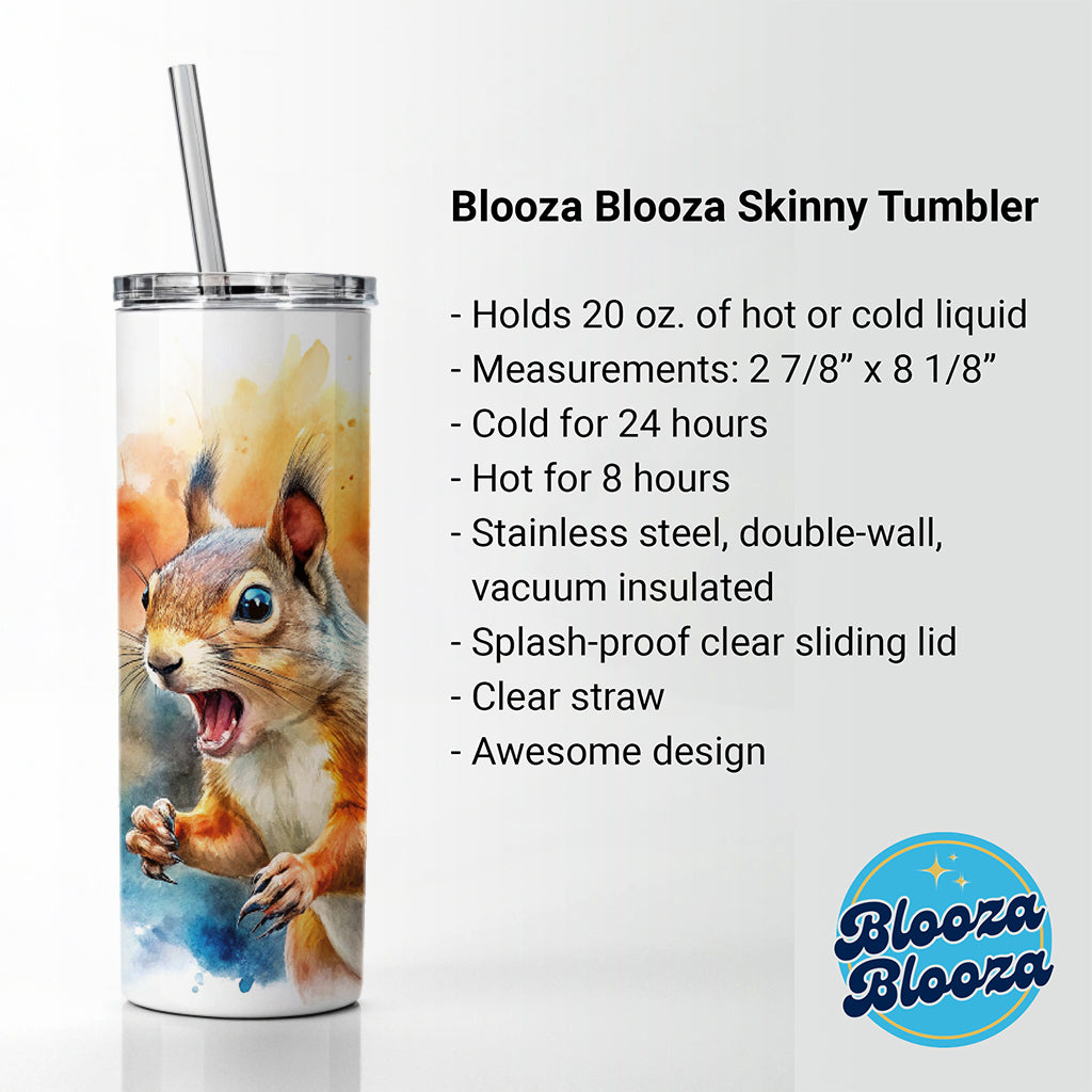 Angry Mad Squirrel Watercolor Skinny Tumbler 20oz with Straw Insulated Water Bottle Gift