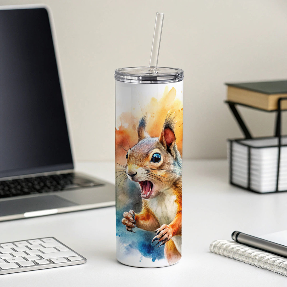 Angry Mad Squirrel Watercolor Skinny Tumbler 20oz with Straw Insulated Water Bottle Gift