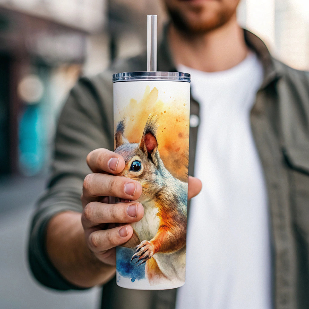 Angry Mad Squirrel Watercolor Skinny Tumbler 20oz with Straw Insulated Water Bottle Gift