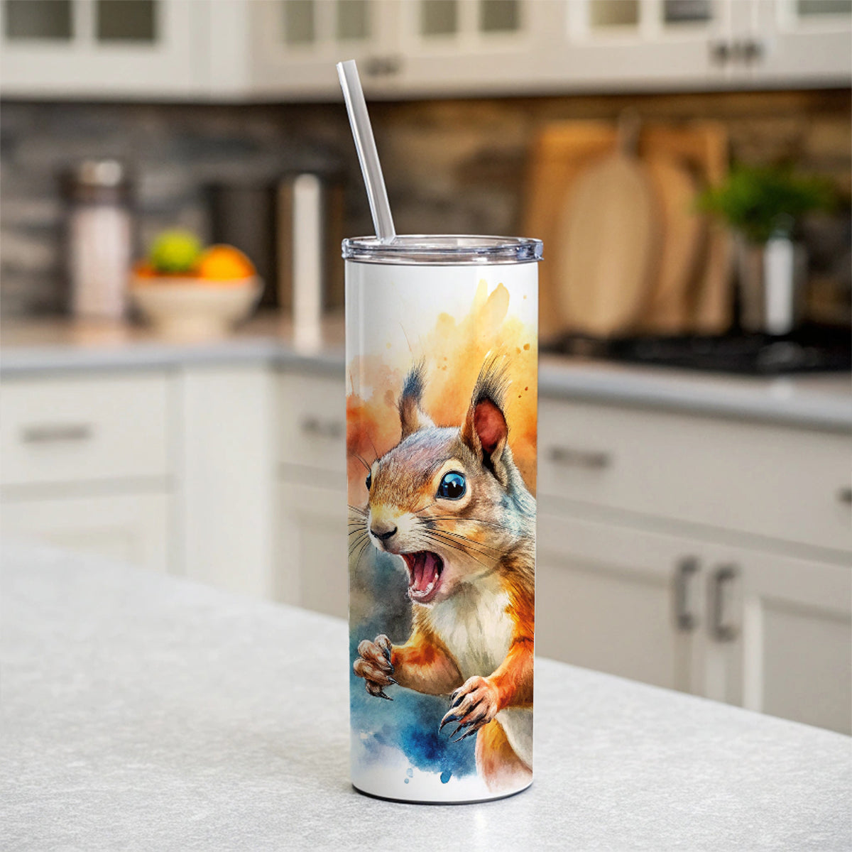 Angry Mad Squirrel Watercolor Skinny Tumbler 20oz with Straw Insulated Water Bottle Gift