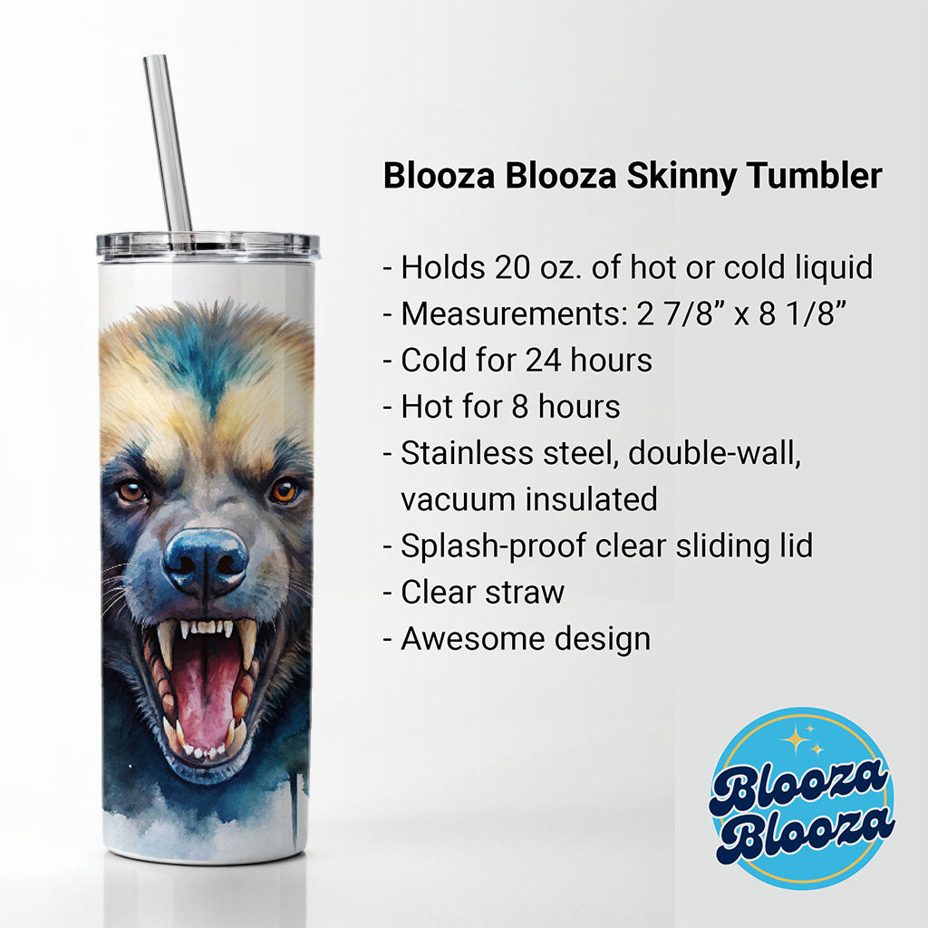 Angry Mad Wolverine Watercolor Skinny Tumbler 20oz with Straw Insulated Water Bottle Gift