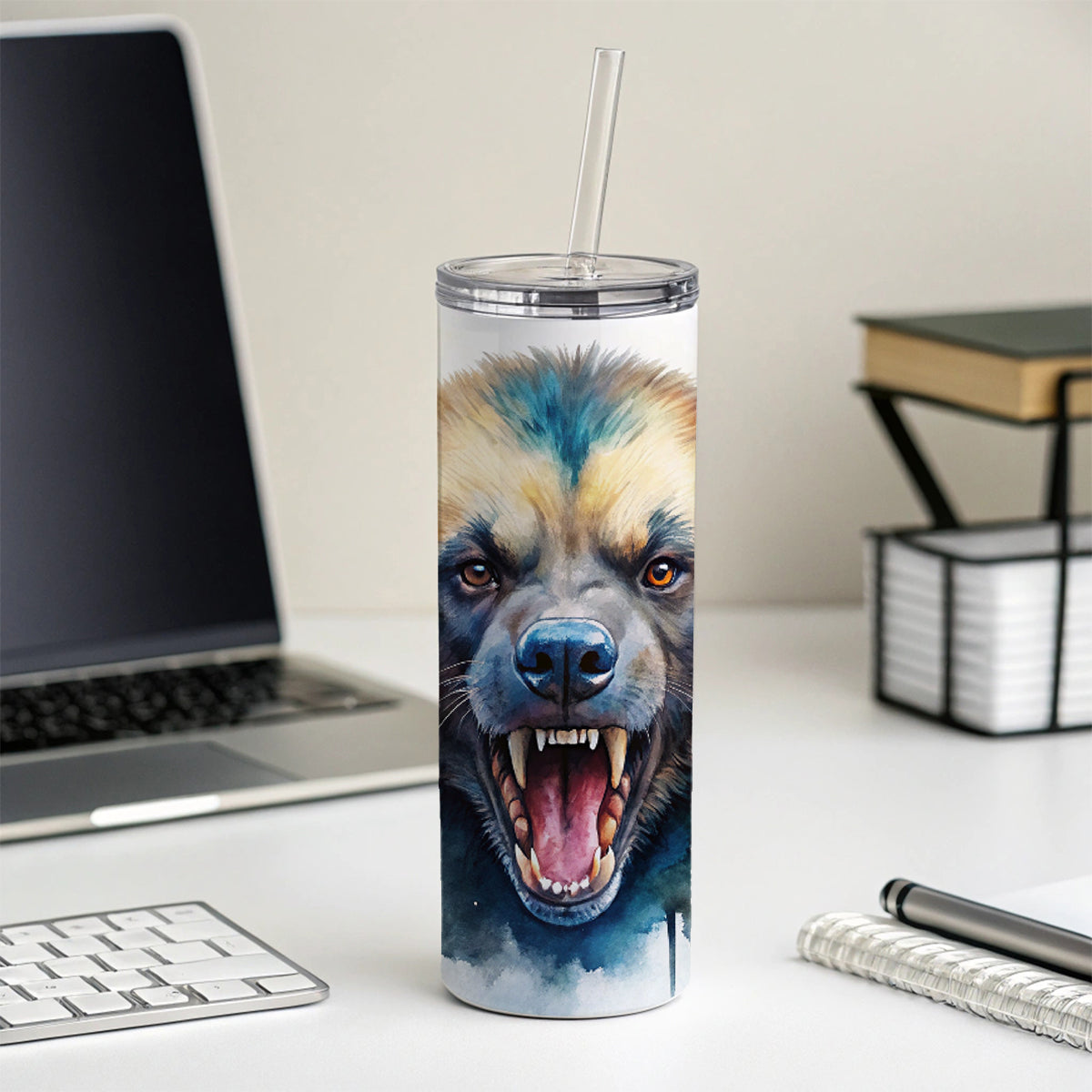 Angry Mad Wolverine Watercolor Skinny Tumbler 20oz with Straw Insulated Water Bottle Gift