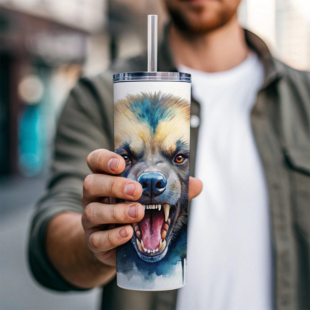 Angry Mad Wolverine Watercolor Skinny Tumbler 20oz with Straw Insulated Water Bottle Gift