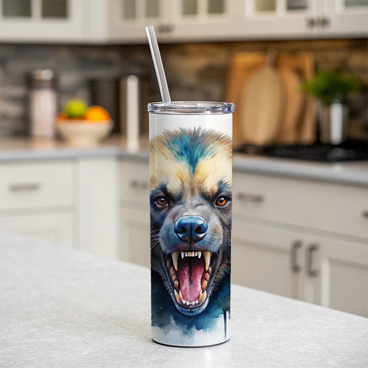 Angry Mad Wolverine Watercolor Skinny Tumbler 20oz with Straw Insulated Water Bottle Gift