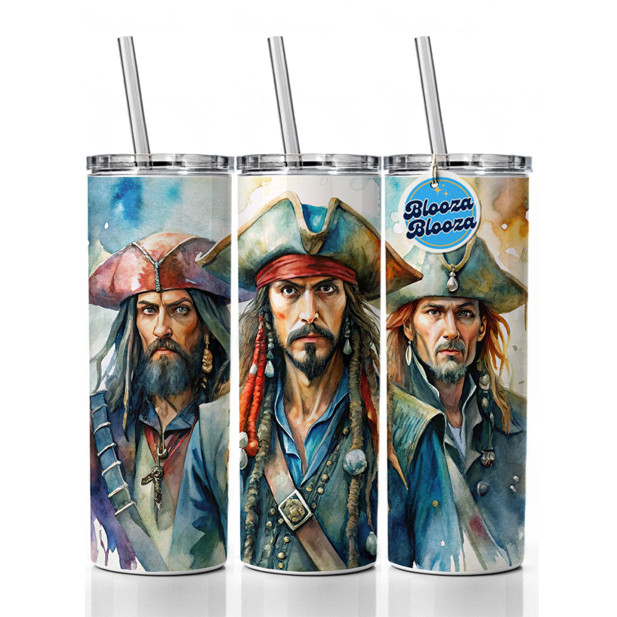 Angry Swashbuckling Pirates Watercolor Skinny Tumbler 20oz with Straw Insulated Water Bottle Gift