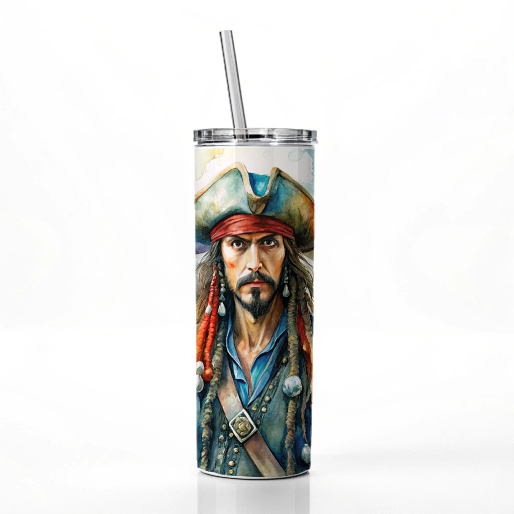 Angry Swashbuckling Pirates Watercolor Skinny Tumbler 20oz with Straw Insulated Water Bottle Gift
