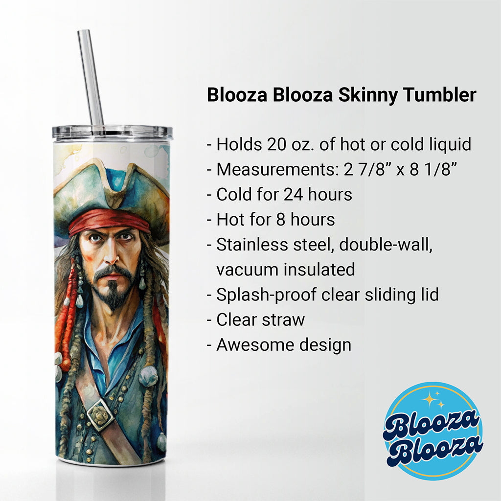 Angry Swashbuckling Pirates Watercolor Skinny Tumbler 20oz with Straw Insulated Water Bottle Gift