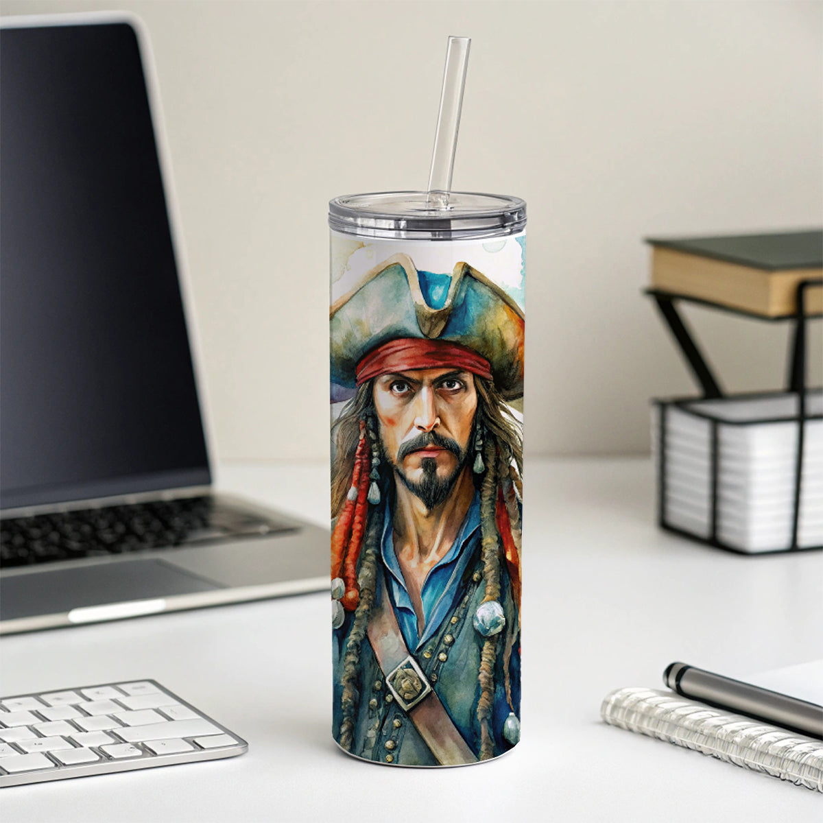 Angry Swashbuckling Pirates Watercolor Skinny Tumbler 20oz with Straw Insulated Water Bottle Gift