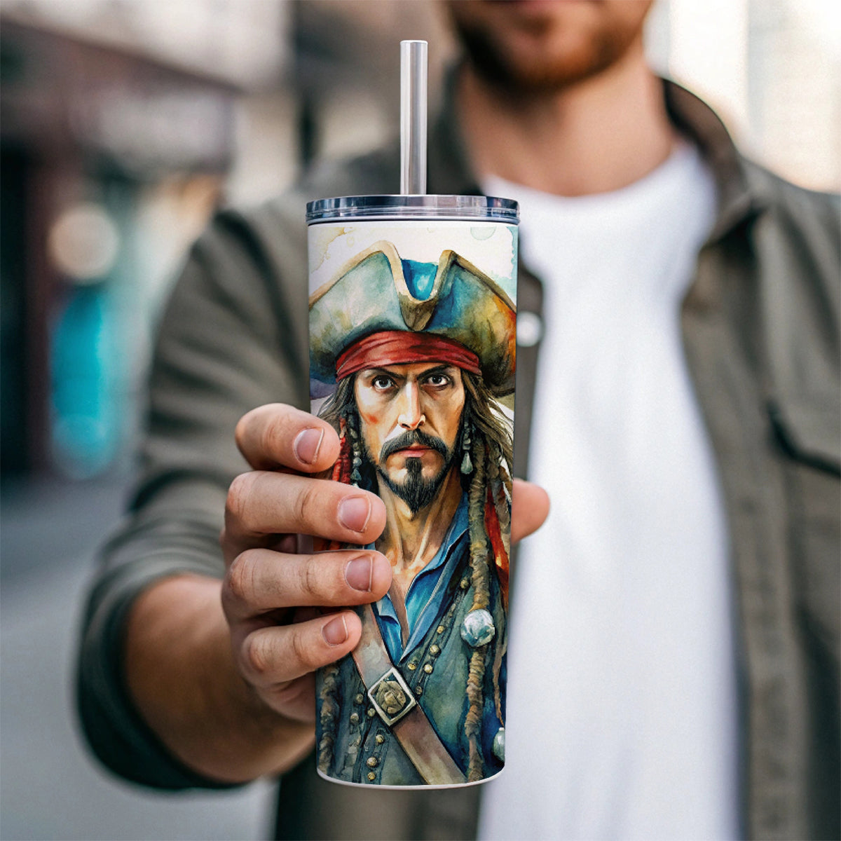 Angry Swashbuckling Pirates Watercolor Skinny Tumbler 20oz with Straw Insulated Water Bottle Gift