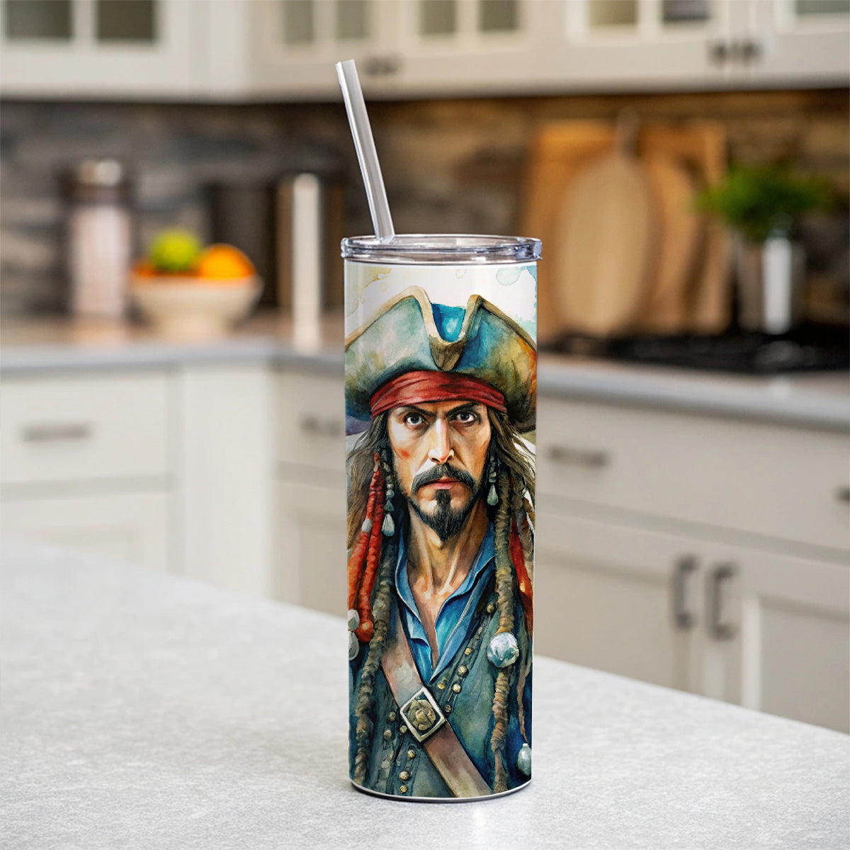 Angry Swashbuckling Pirates Watercolor Skinny Tumbler 20oz with Straw Insulated Water Bottle Gift