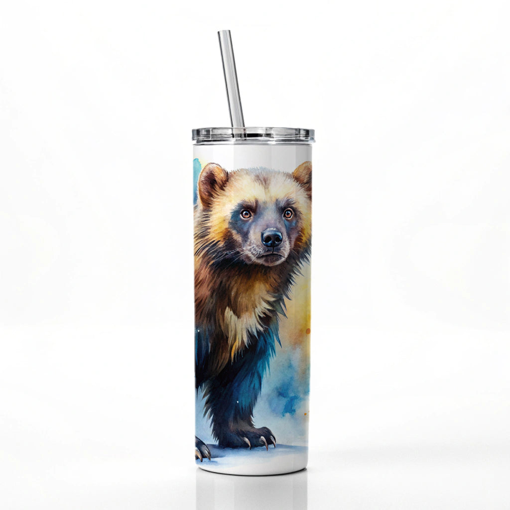 Animal Mad Wolverine Watercolor Skinny Tumbler 20oz with Straw Insulated Water Bottle Gift