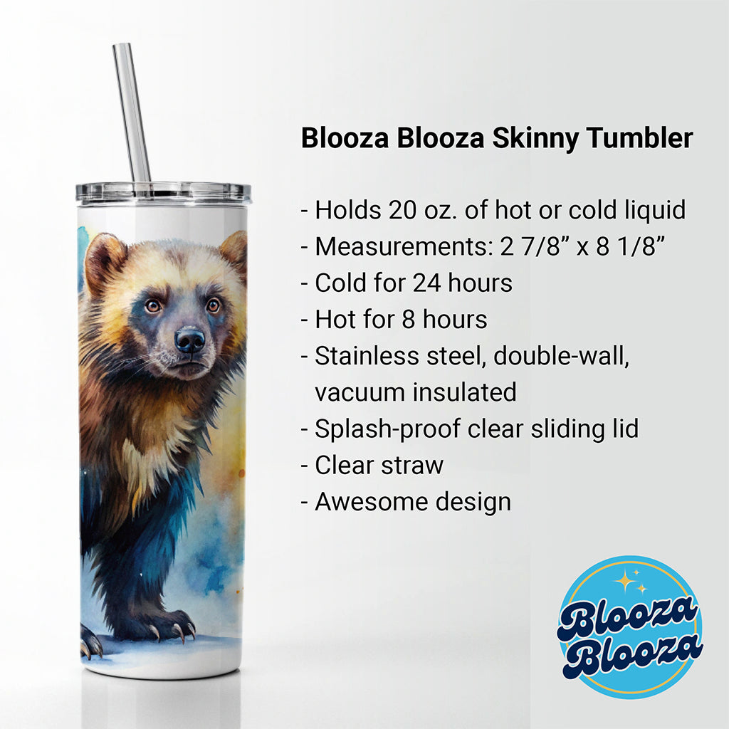 Animal Mad Wolverine Watercolor Skinny Tumbler 20oz with Straw Insulated Water Bottle Gift