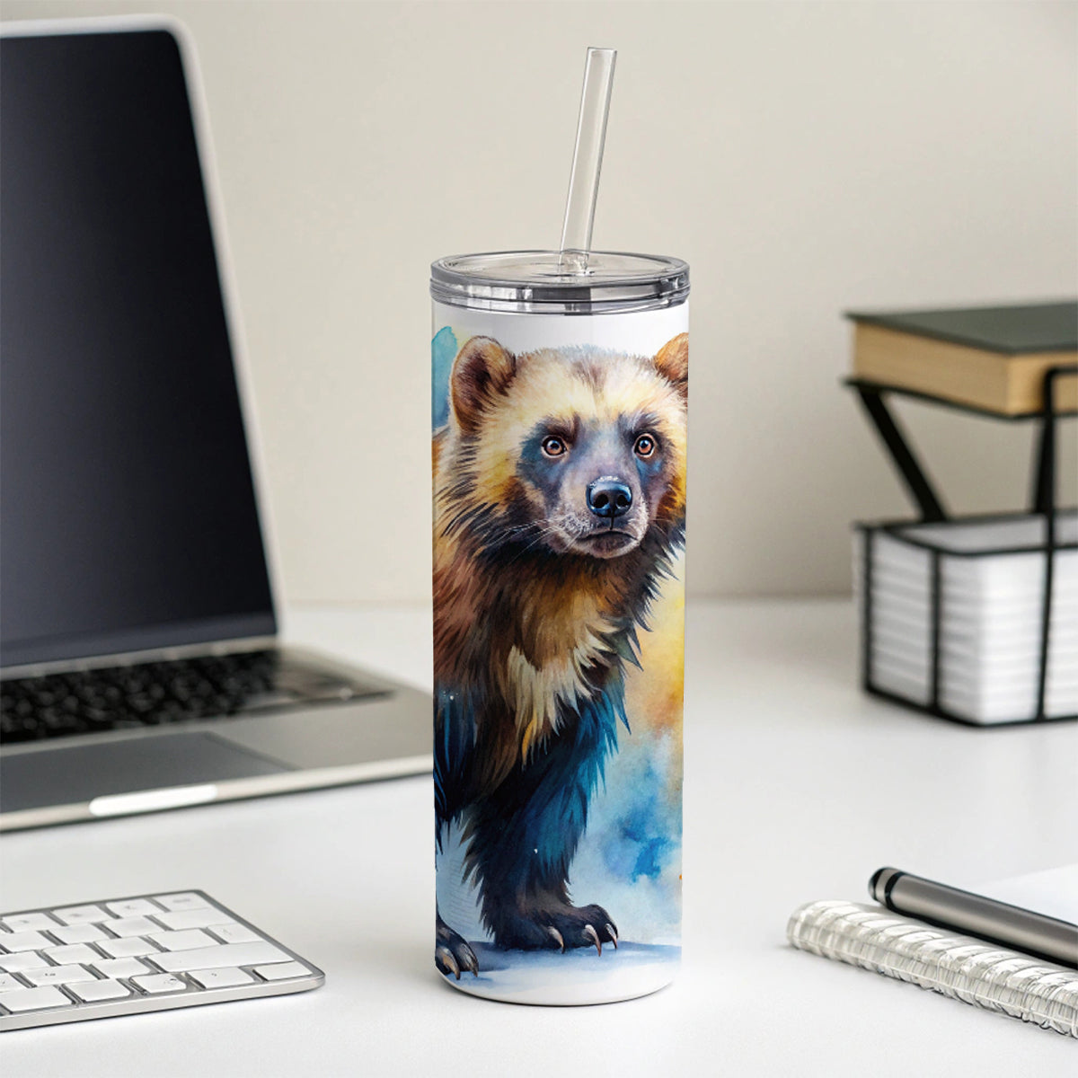 Animal Mad Wolverine Watercolor Skinny Tumbler 20oz with Straw Insulated Water Bottle Gift
