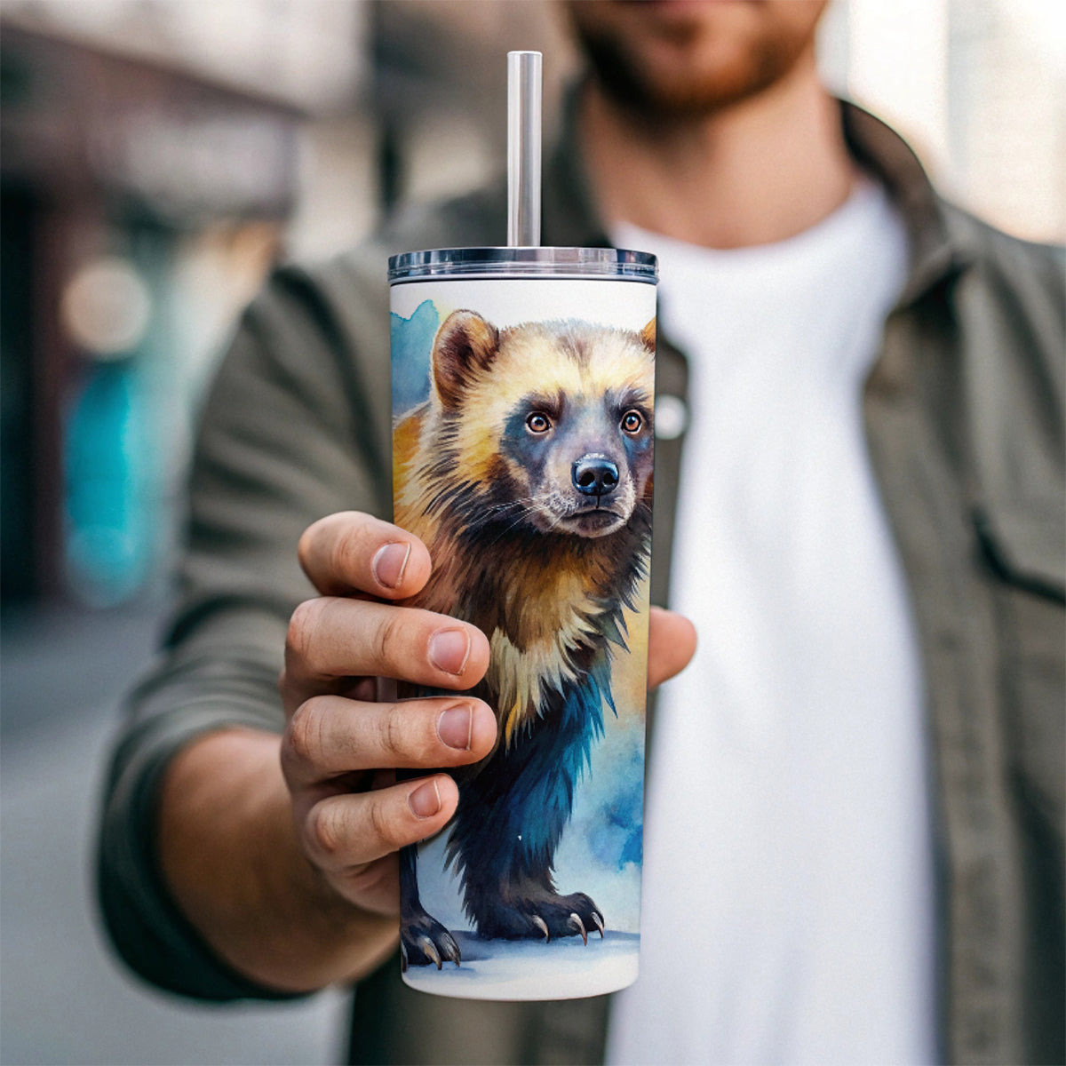 Animal Mad Wolverine Watercolor Skinny Tumbler 20oz with Straw Insulated Water Bottle Gift