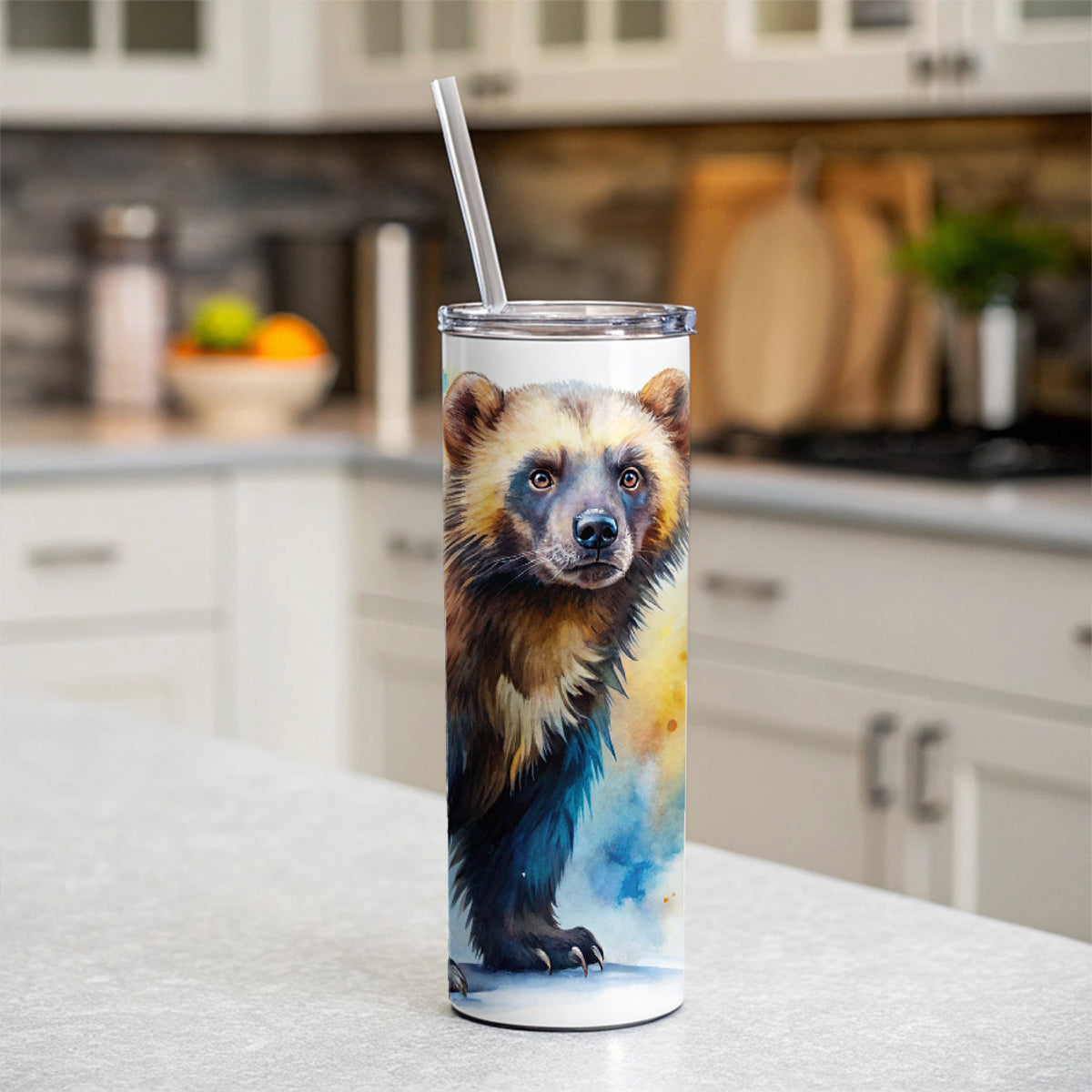 Animal Mad Wolverine Watercolor Skinny Tumbler 20oz with Straw Insulated Water Bottle Gift
