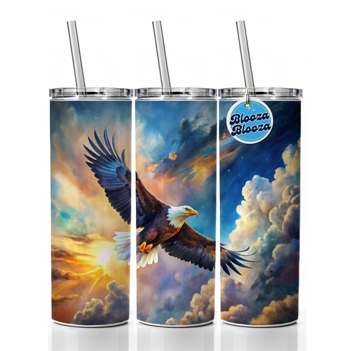 Bald Eagle Flying In Sky Clouds Watercolor Skinny Tumbler 20oz with Straw Insulated Water Bottle Gift