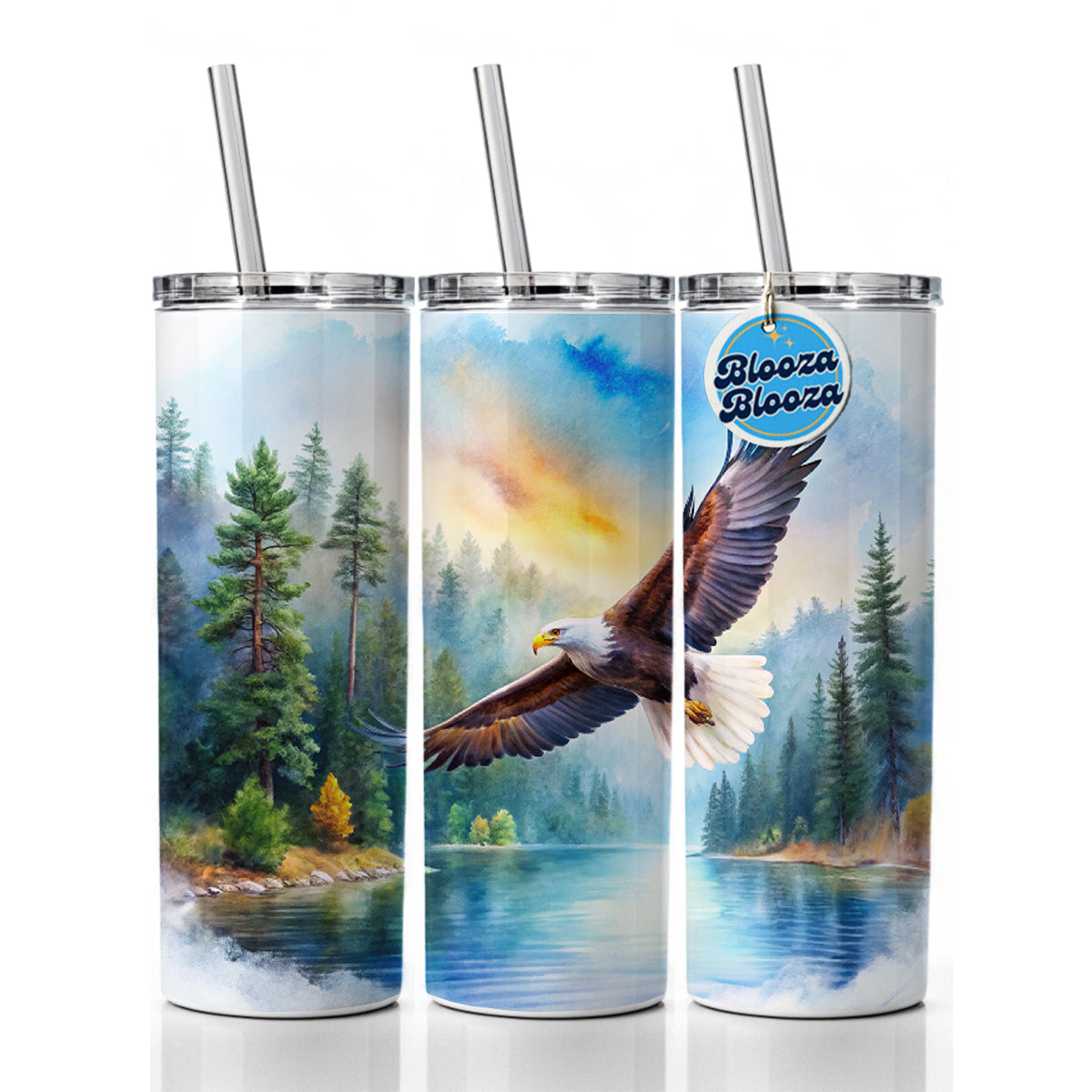 Bald Eagle Flying With Forest Lake Watercolor Skinny Tumbler 20oz with Straw Insulated Water Bottle Gift