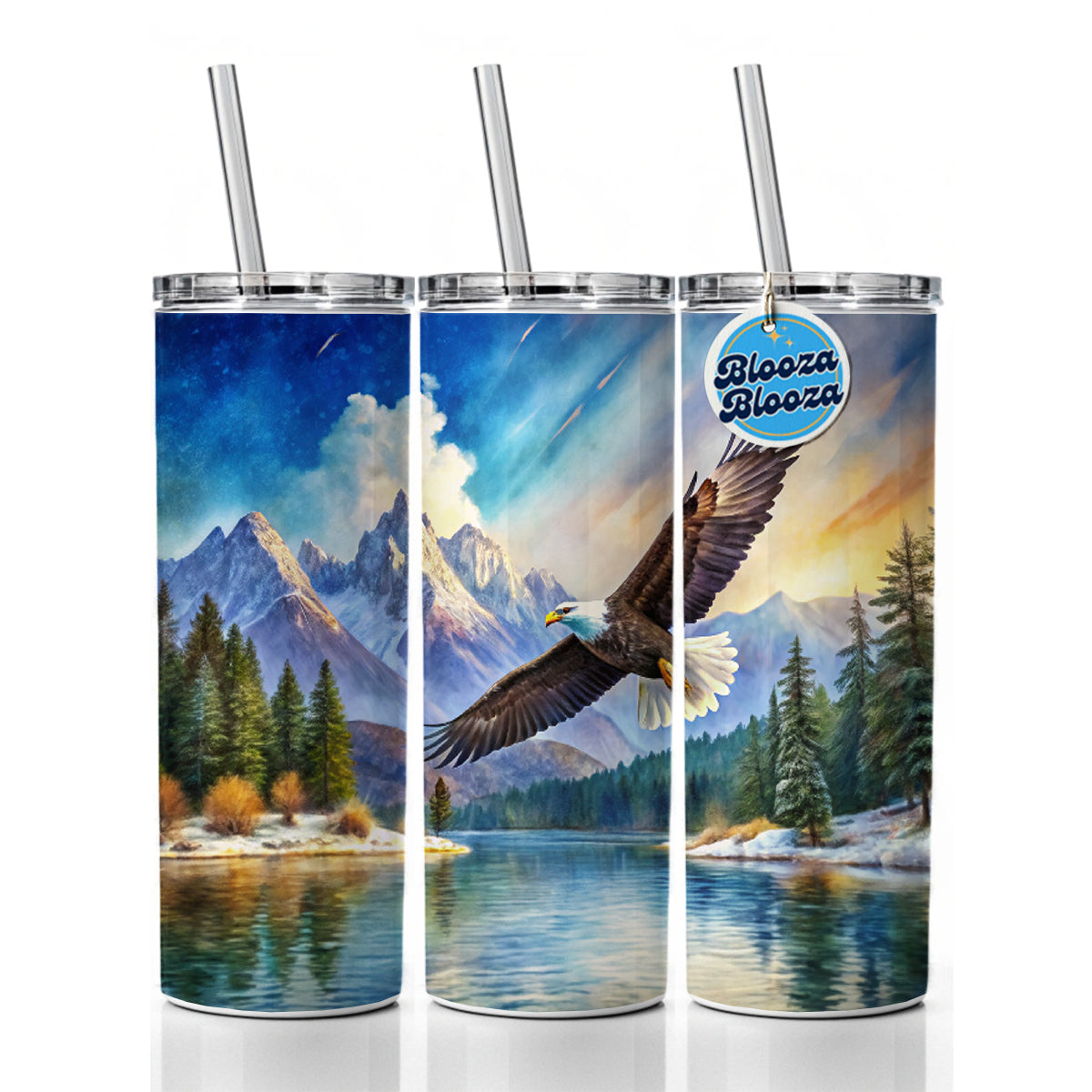 Bald Eagle Flying With Mountains Lake Watercolor Skinny Tumbler 20oz with Straw Insulated Water Bottle Gift