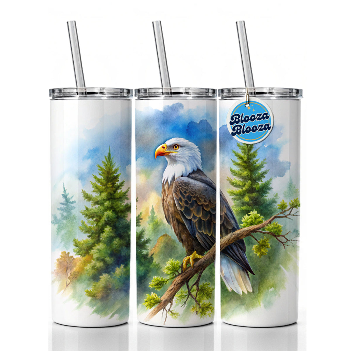 Bald Eagle In Tree Watercolor Skinny Tumbler 20oz with Straw Insulated Water Bottle Gift