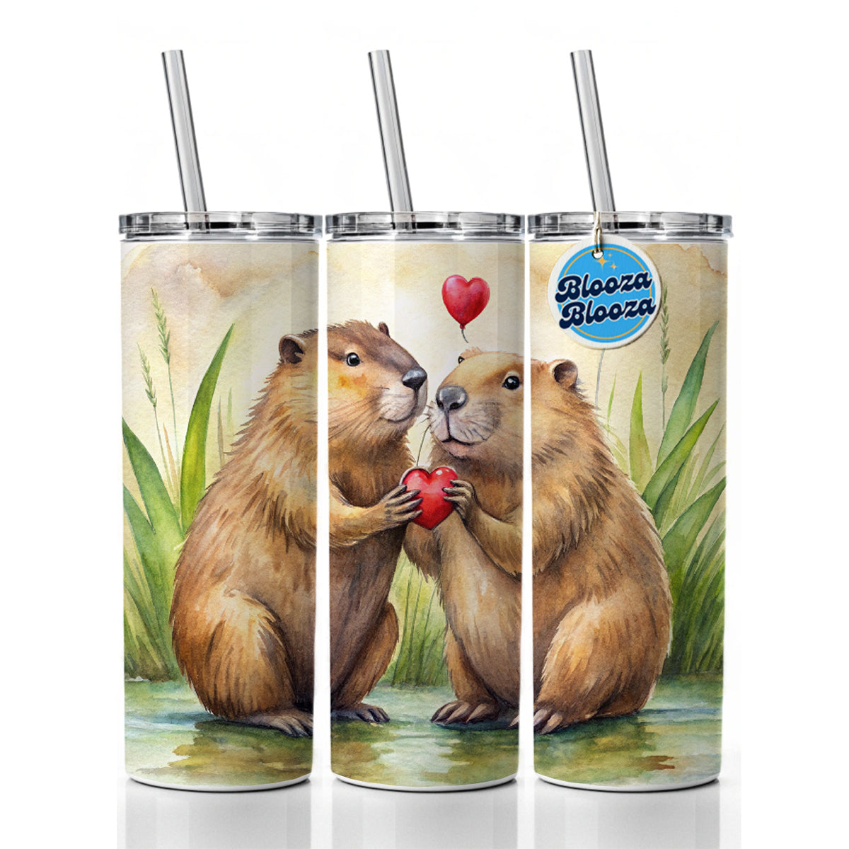 Beavers In Love Water Valentine's Day Skinny Tumbler 20oz with Straw Insulated Water Bottle Gift