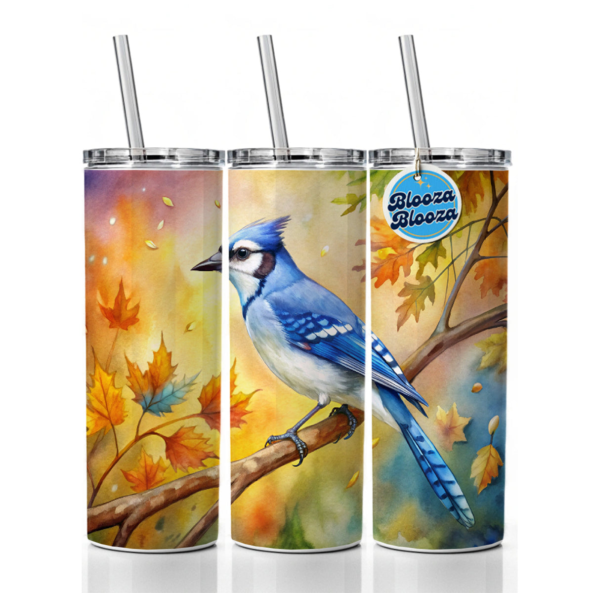 Blue Jay In Tree Watercolor Skinny Tumbler 20oz with Straw Insulated Water Bottle Gift