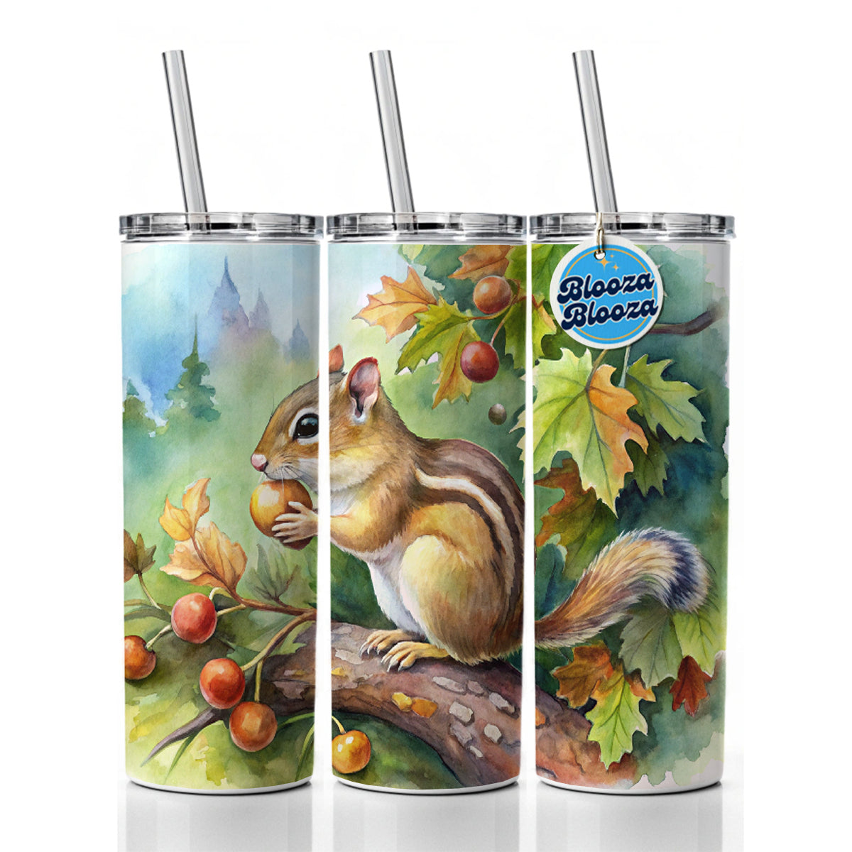Chipmunk Eating Acorn In Tree Watercolor Skinny Tumbler 20oz with Straw Insulated Water Bottle Gift