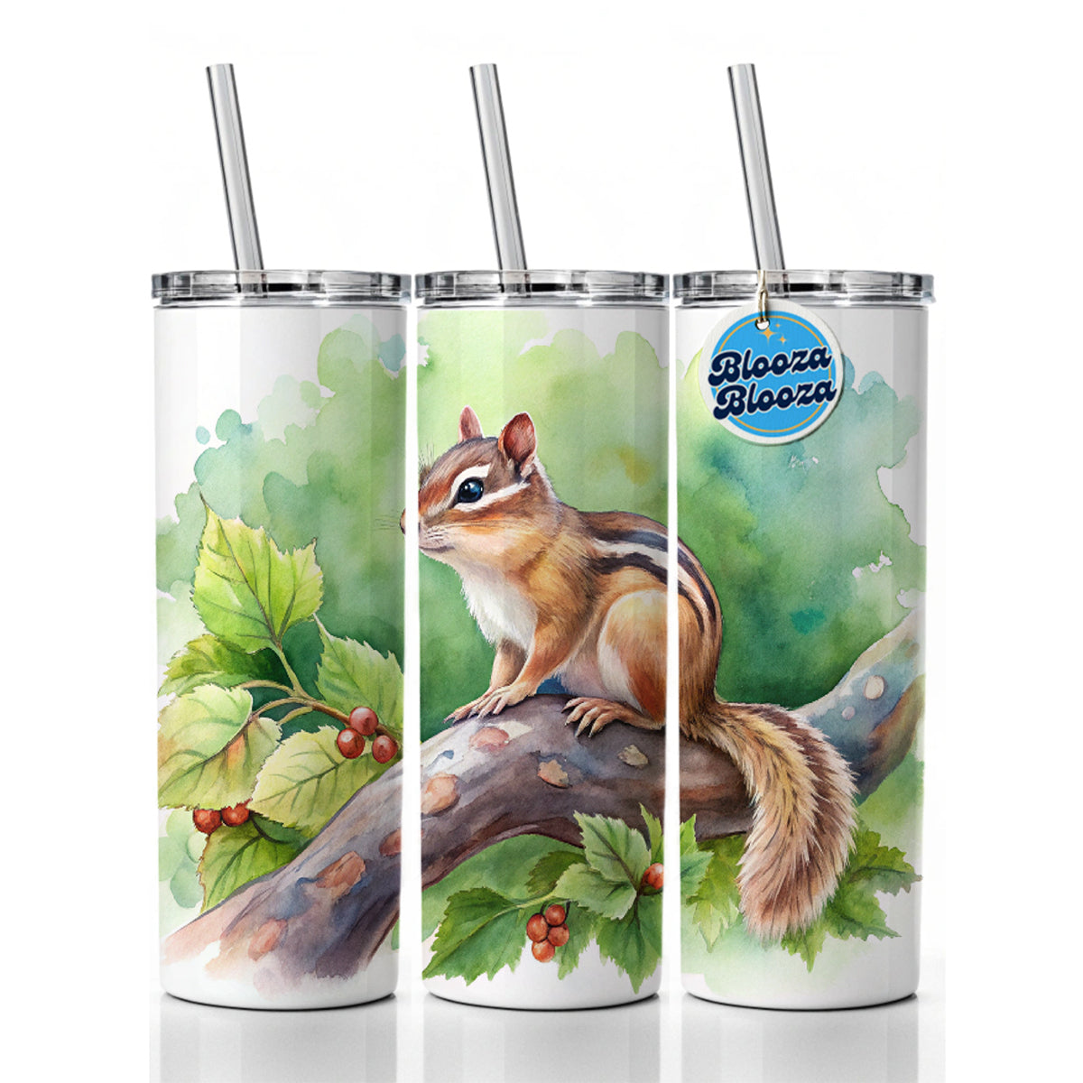 Chipmunk In Tree Watercolor Skinny Tumbler 20oz with Straw Insulated Water Bottle Gift