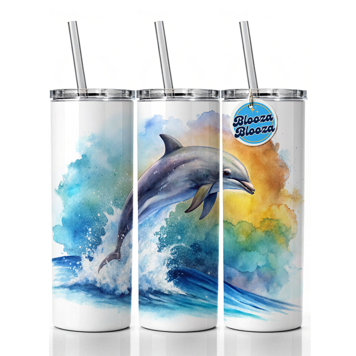 Dolphin Jumping In Ocean Watercolor Skinny Tumbler 20oz with Straw Insulated Water Bottle Gift