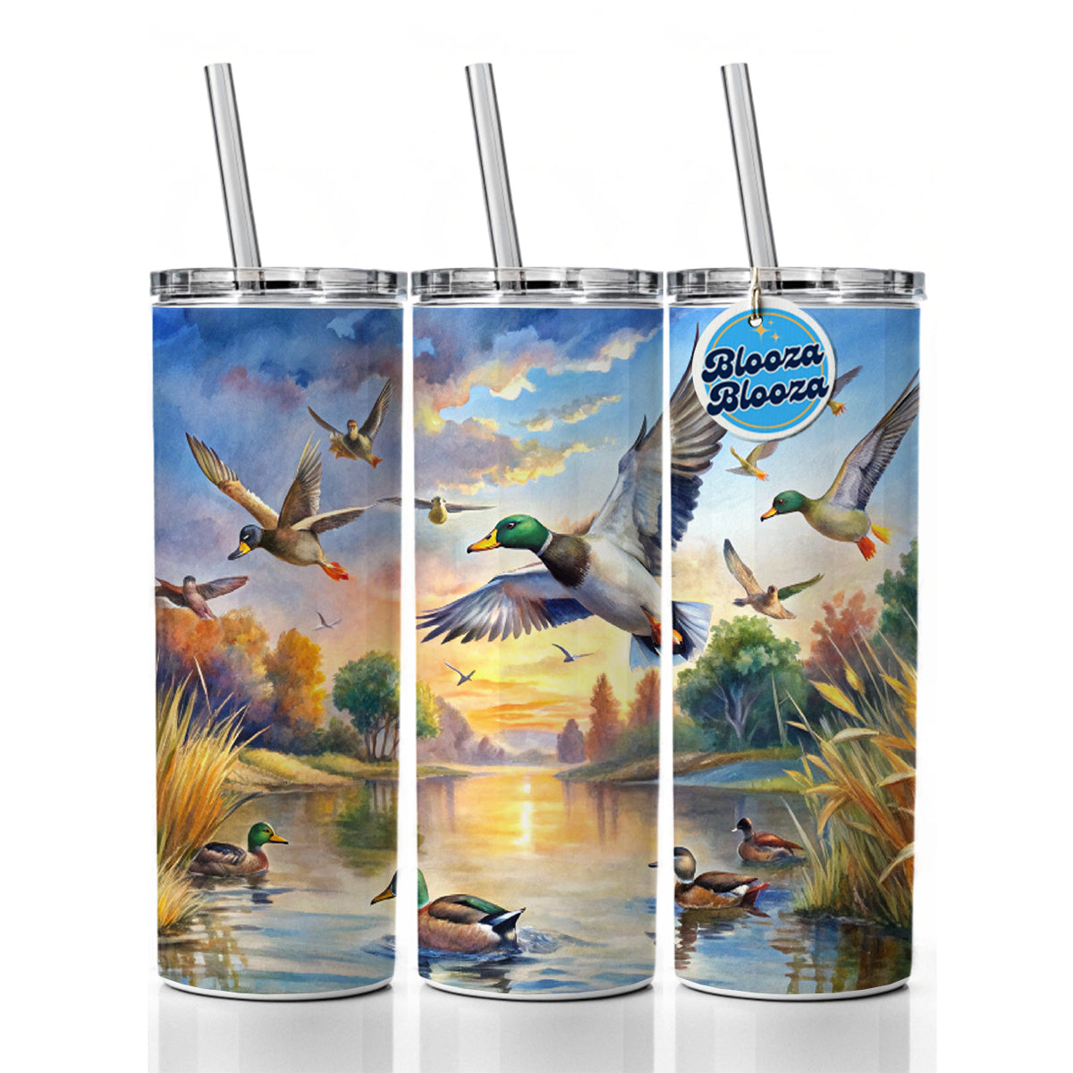Ducks Flying At Sunrise Hunting Watercolor Skinny Tumbler 20oz with Straw Insulated Water Bottle Gift