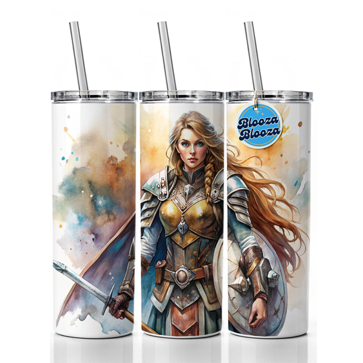 Fantasy Female Warrior Paladin Watercolor Skinny Tumbler 20oz with Straw Insulated Water Bottle Gift