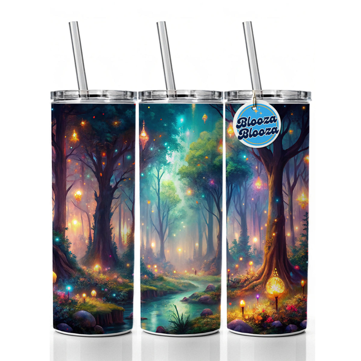 Fantasy Forest With Glowing Sprites Fae Spirits Watercolor Skinny Tumbler 20oz with Straw Insulated Water Bottle Gift