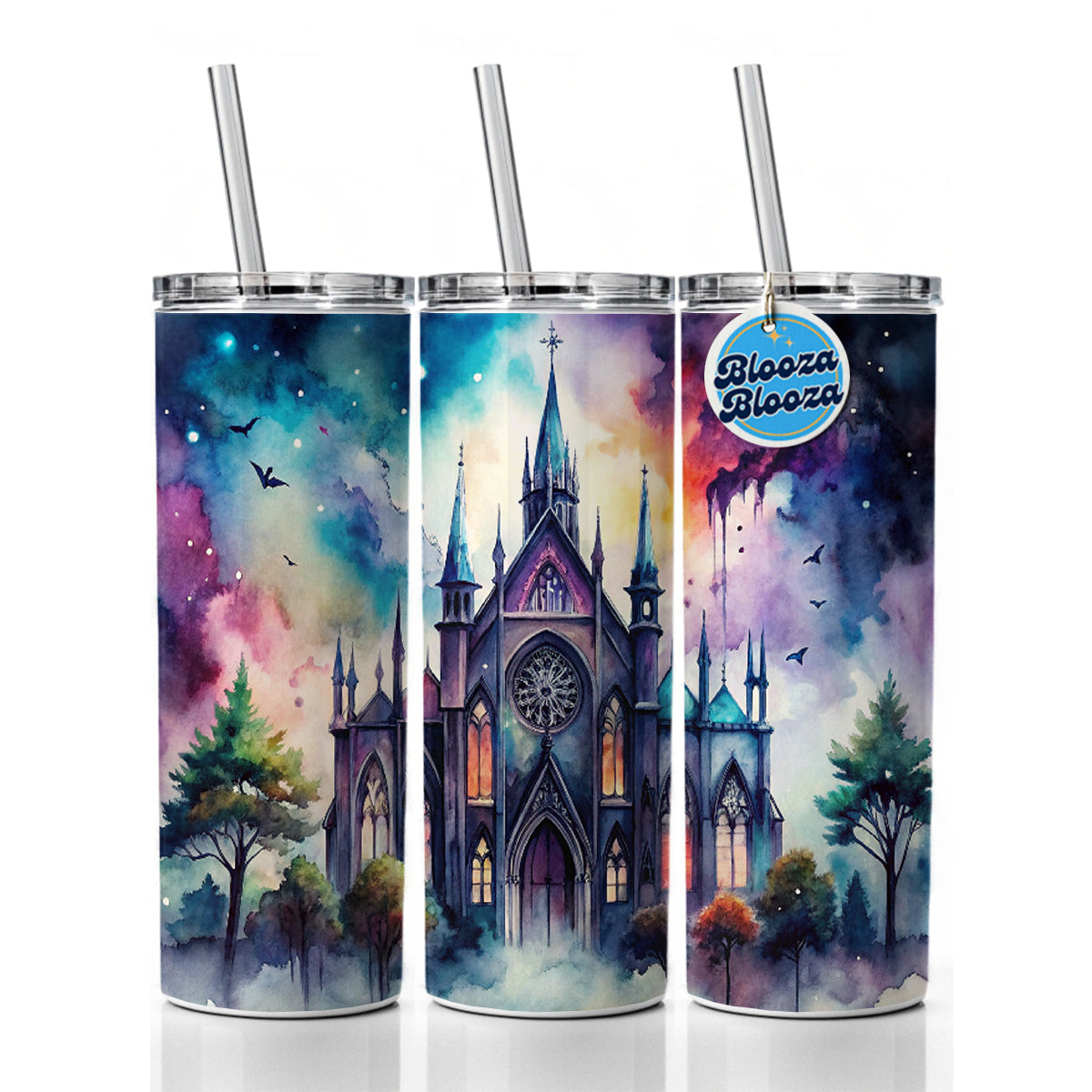 Gothic Style Church Watercolor Skinny Tumbler 20oz with Straw Insulated Water Bottle Gift