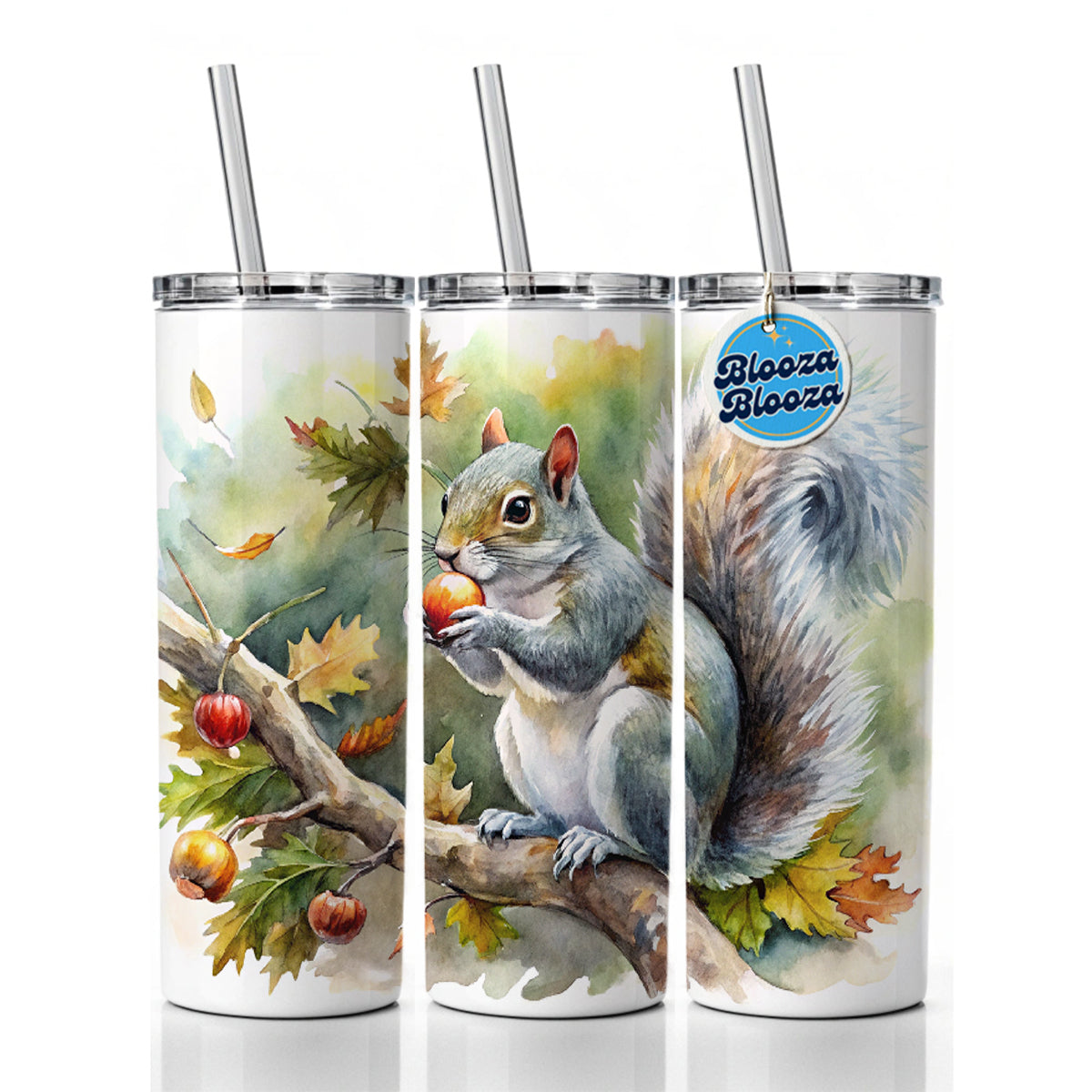 Gray Squirrel Eating Acorn In Tree Watercolor Skinny Tumbler 20oz with Straw Insulated Water Bottle Gift