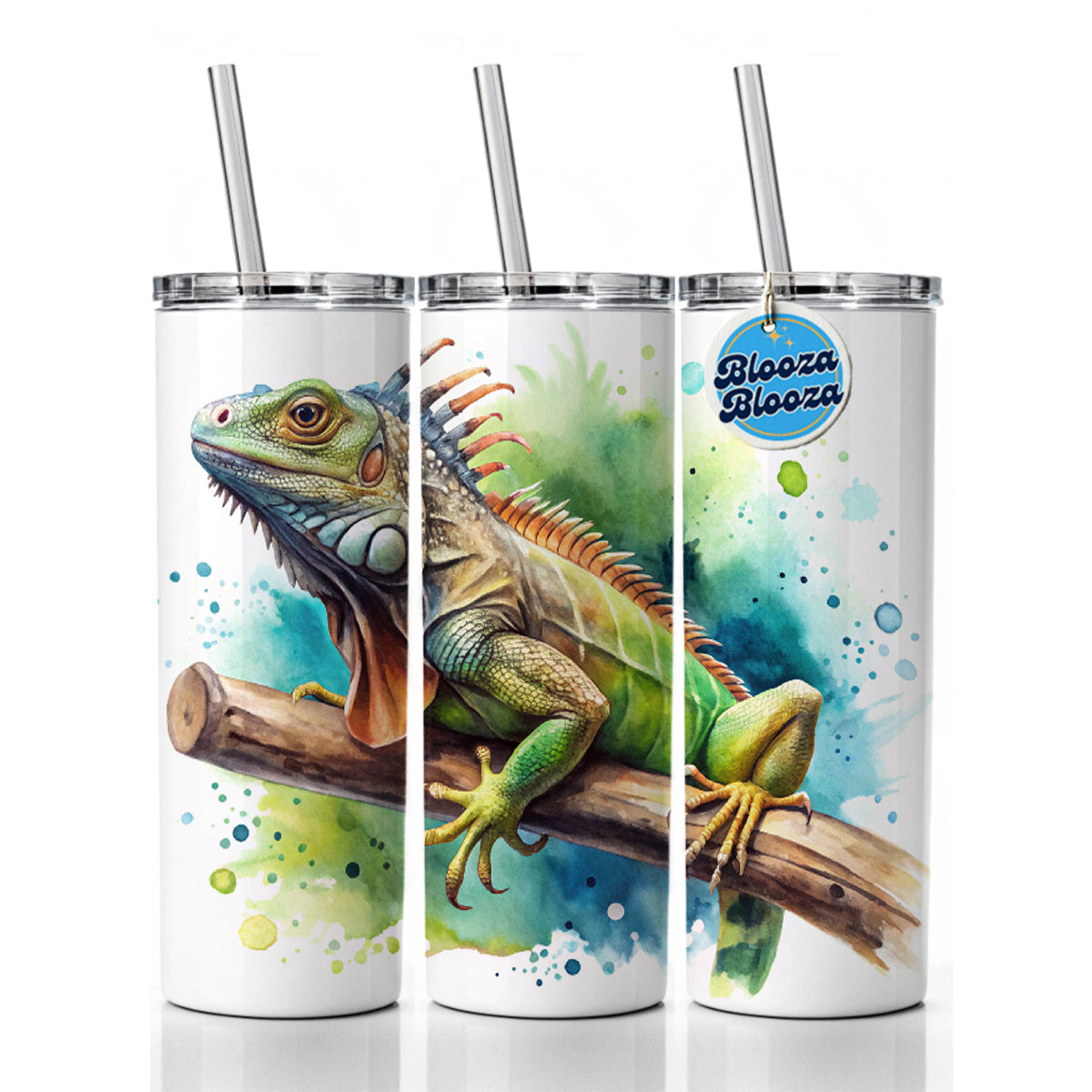 Iguana Lizard On Branch Reptile Watercolor Skinny Tumbler 20oz with Straw Insulated Water Bottle Gift