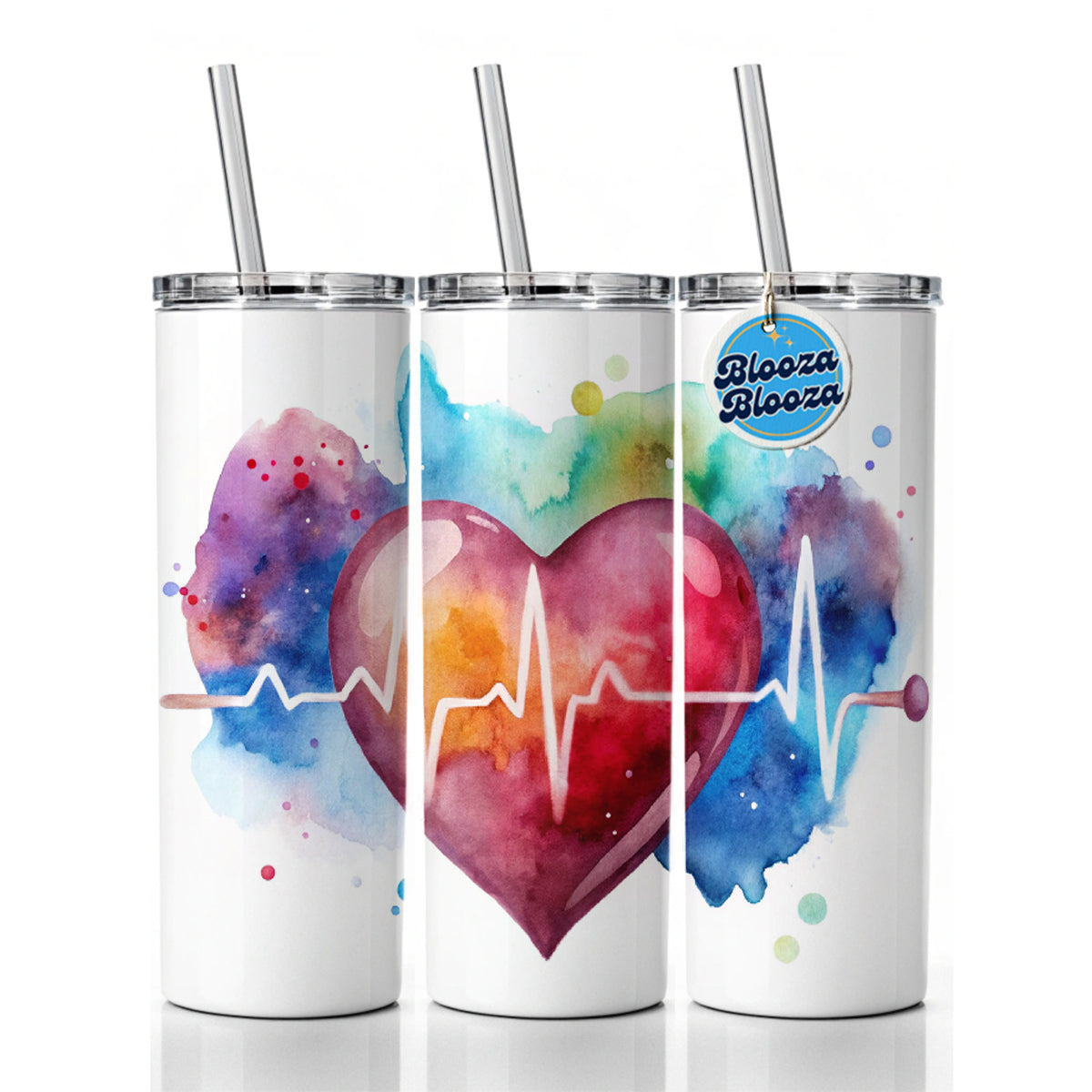 Life Pulse Heart Beat Doctor Nurse RN EMT Watercolor Skinny Tumbler 20oz with Straw Insulated Water Bottle Gift
