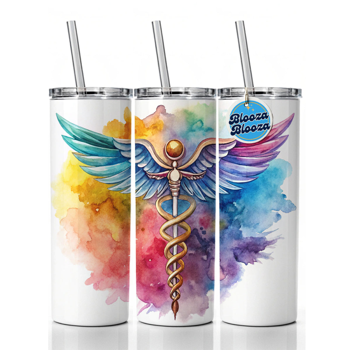 Medical Caduceus Doctor Nurse RN EMT Watercolor Skinny Tumbler 20oz with Straw Insulated Water Bottle Gift