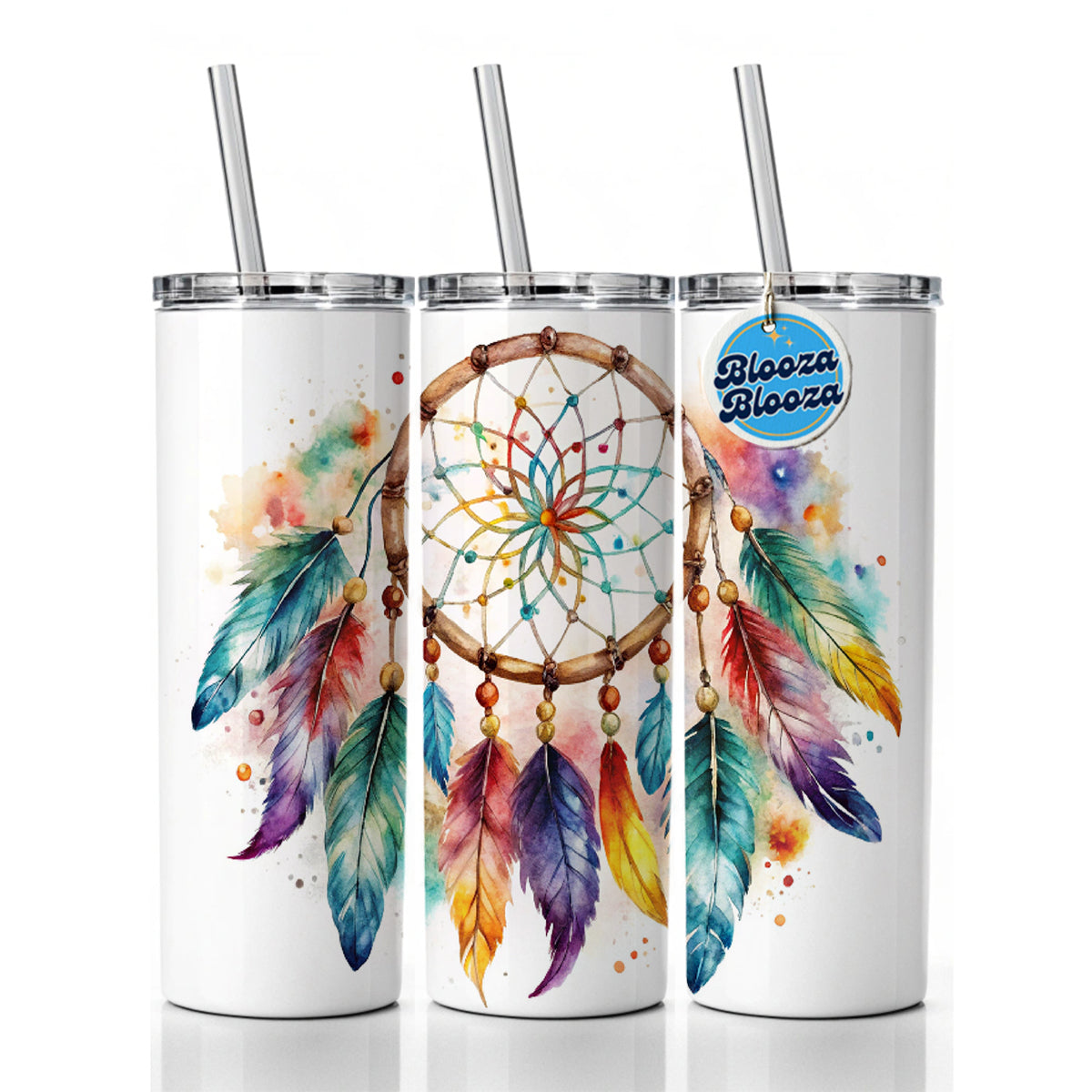 Native American Indian Dreamcatcher Watercolor Skinny Tumbler 20oz with Straw Insulated Water Bottle Gift