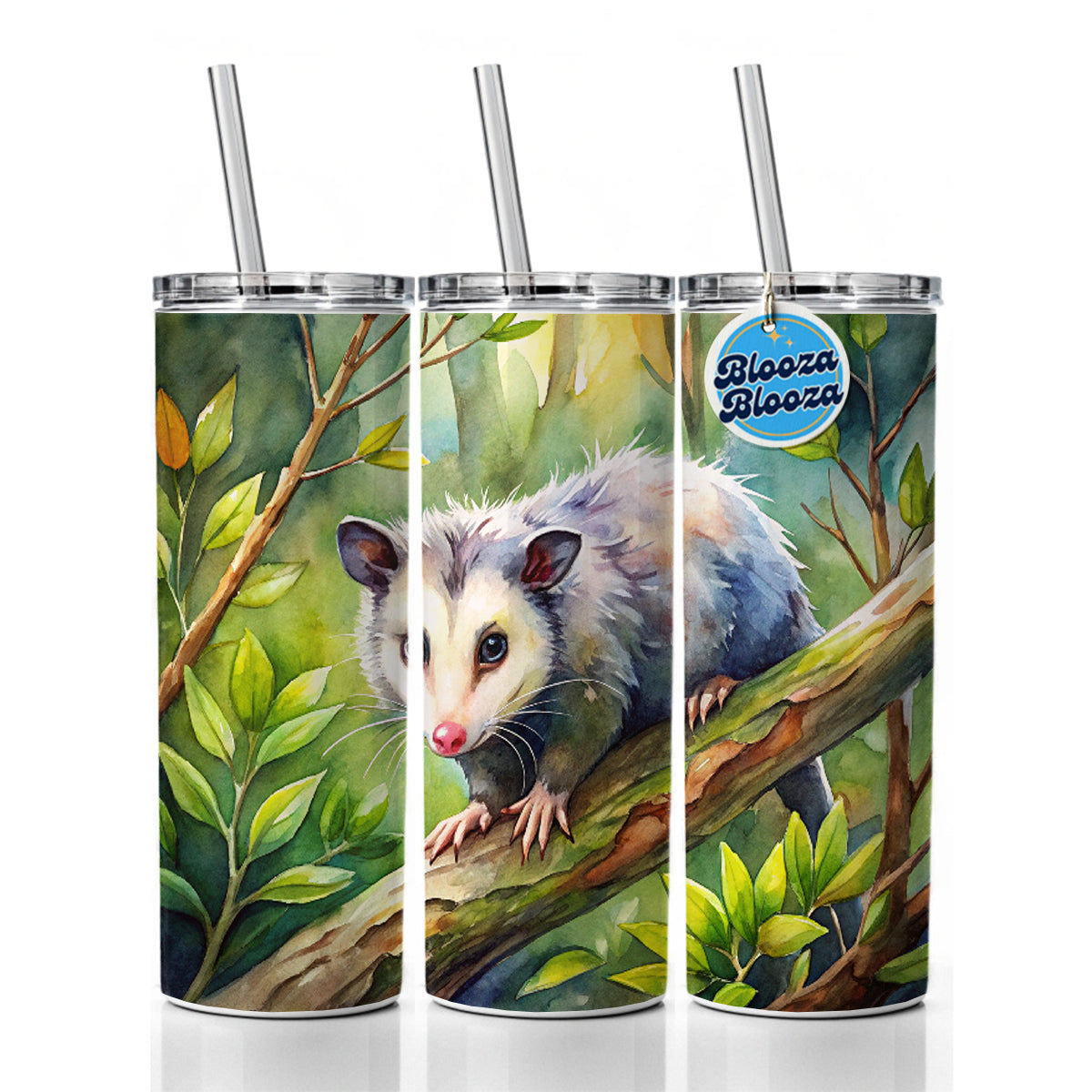 Opossum In The Forest Watercolor Skinny Tumbler 20oz with Straw Insulated Water Bottle Gift