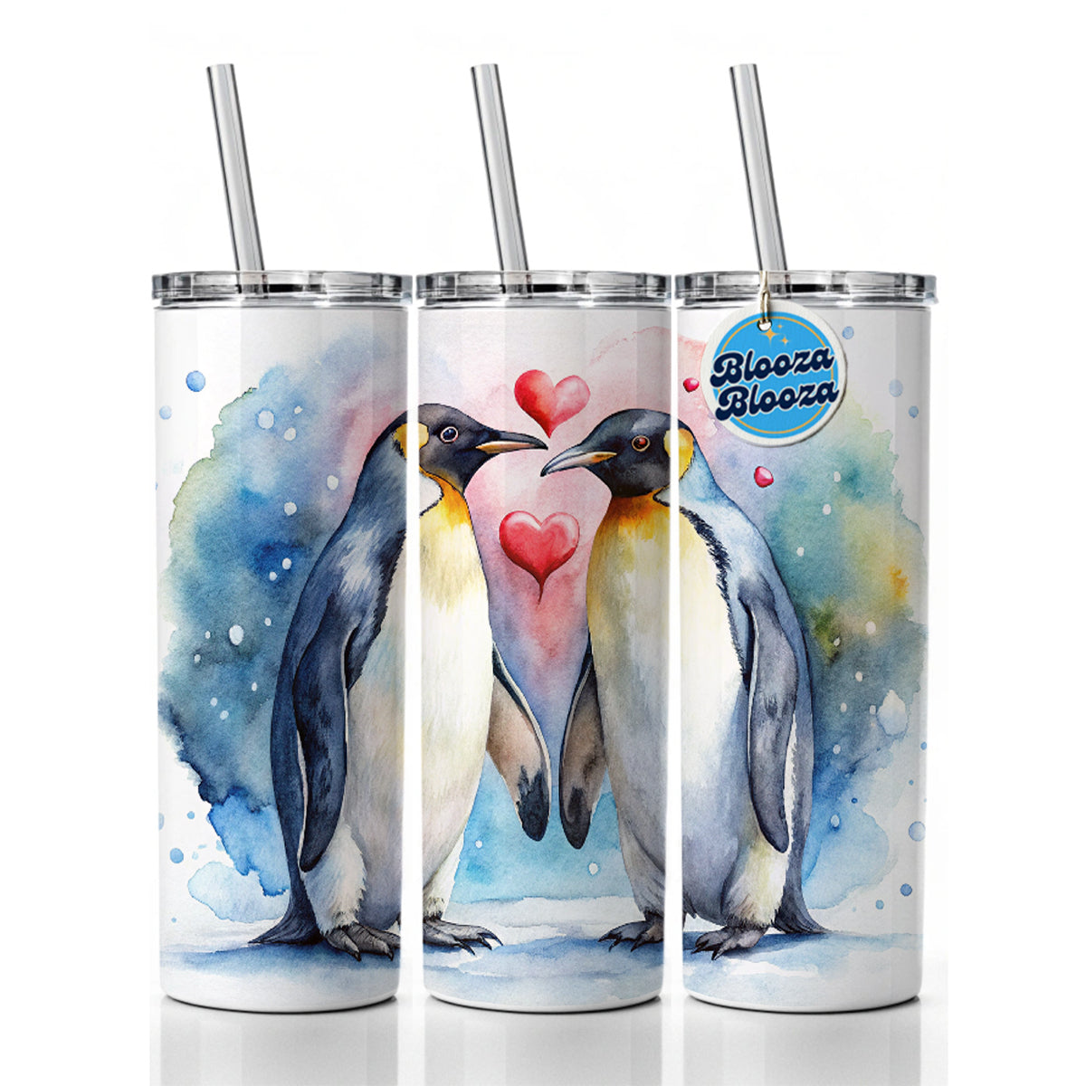 Penguins In Love Hearts Valentine's Day Skinny Tumbler 20oz with Straw Insulated Water Bottle Gift