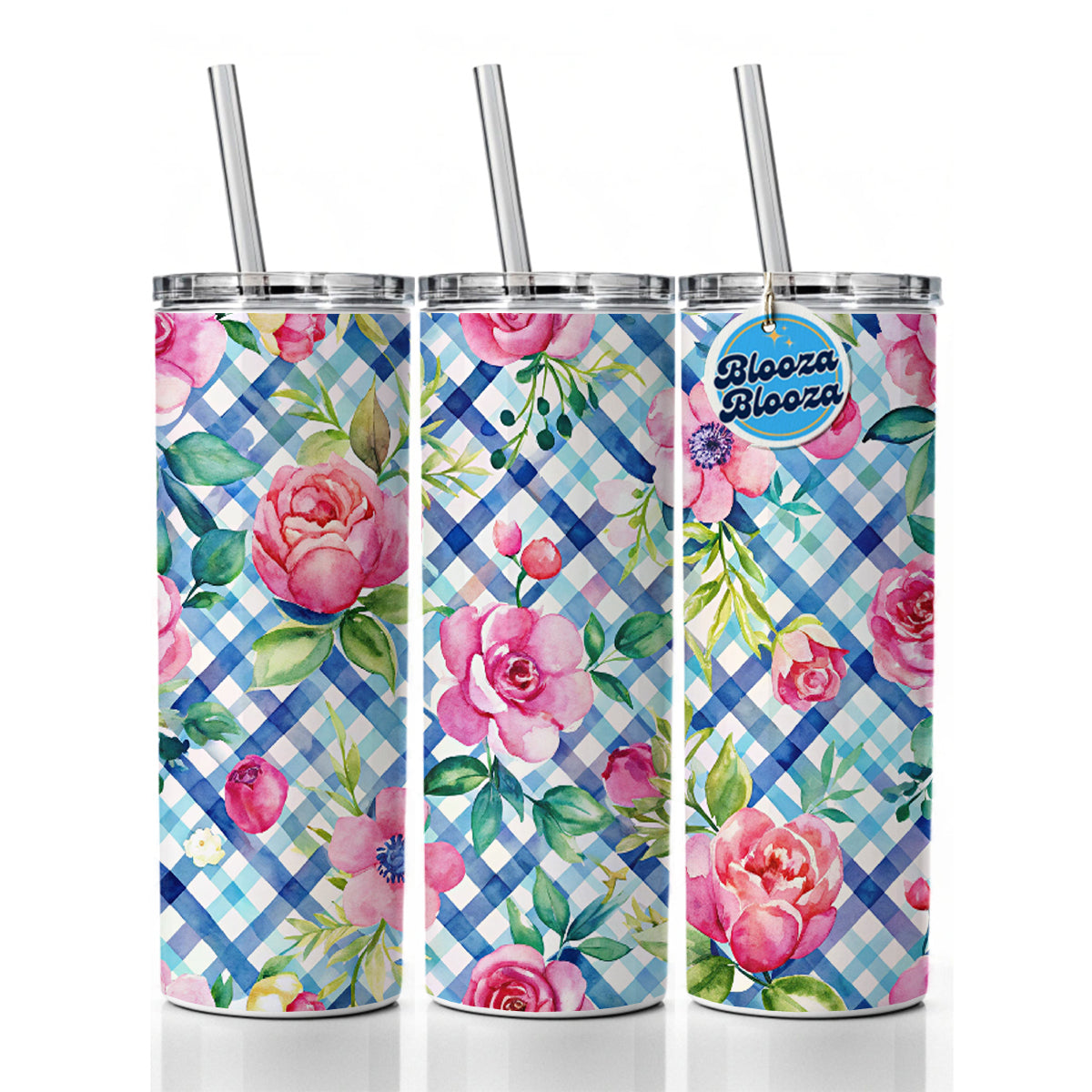 Preppy Pink Flowers Blue Gingham Plaid Skinny Tumbler 20oz with Straw Insulated Water Bottle Gift