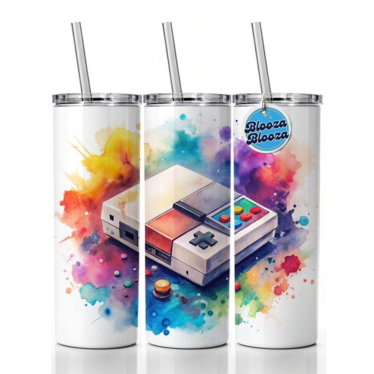 Retro Arcade Console System Watercolor Skinny Tumbler 20oz with Straw Insulated Water Bottle Gift